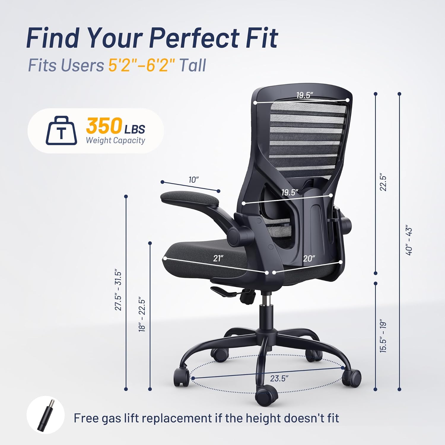 Office Desk Chair for Long Hours & Lower Back Pain Relief – 4“ Thick Molded Foam Cushion, Enhanced Lumbar Support, Padded Flip-up Armrests, Ideal for Office or Study, Black