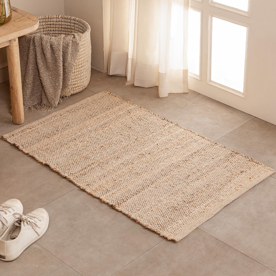 HOMEMONDE Jute Cotton Door Mat Hand Woven Rug 2 x 3 ft - Rectangle Natural Fiber Farmhouse Style Braided Rug for Entryway, Bedroom, Living Room, Hallway