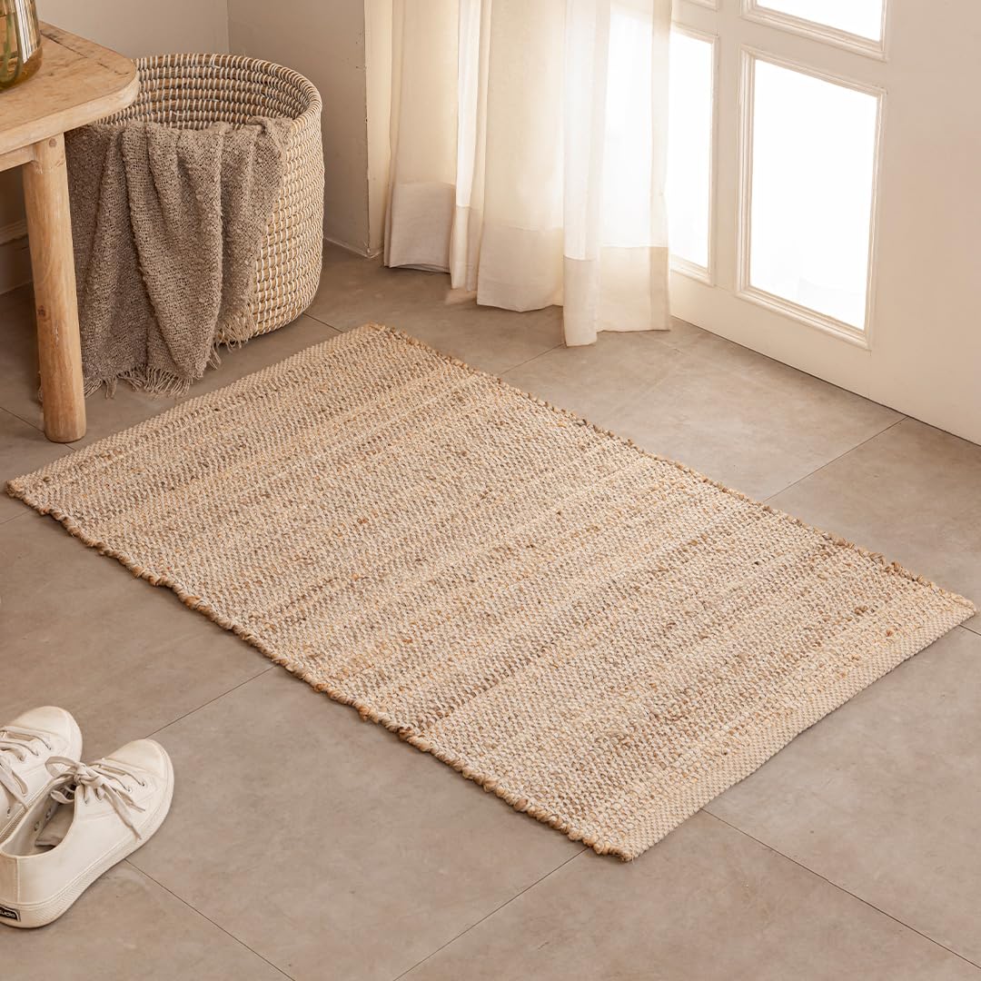 HOMEMONDE Jute Cotton Door Mat Hand Woven Rug 2 x 3 ft - Rectangle Natural Fiber Farmhouse Style Braided Rug for Entryway, Bedroom, Living Room, Hallway