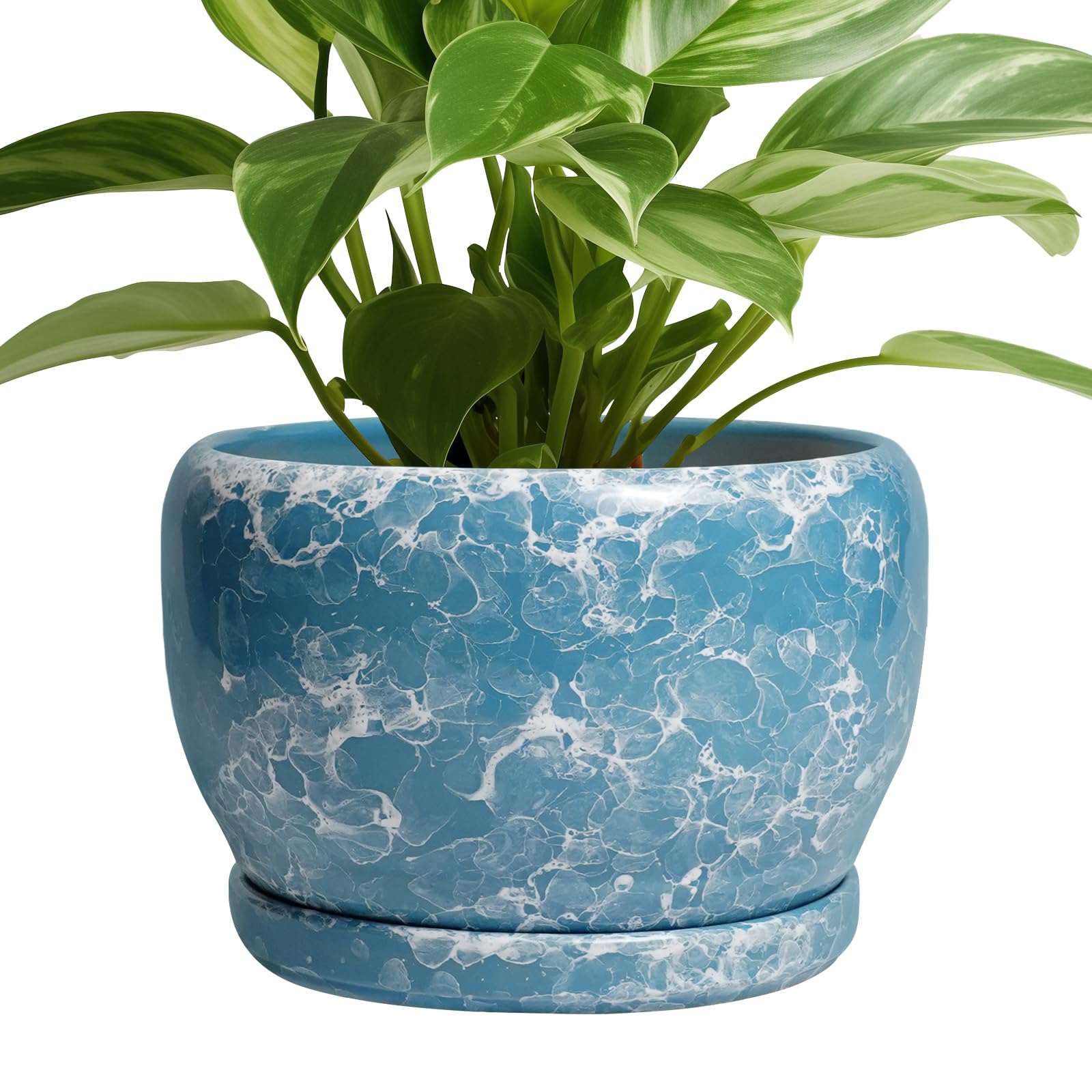SQOWL Ceramic Planter 8 Inch - Pot for Indoor Outdoor Plants Round Ceramic Plant Pot with Drainage Hole and Saucer Modern Flower Pot Glazed Blue