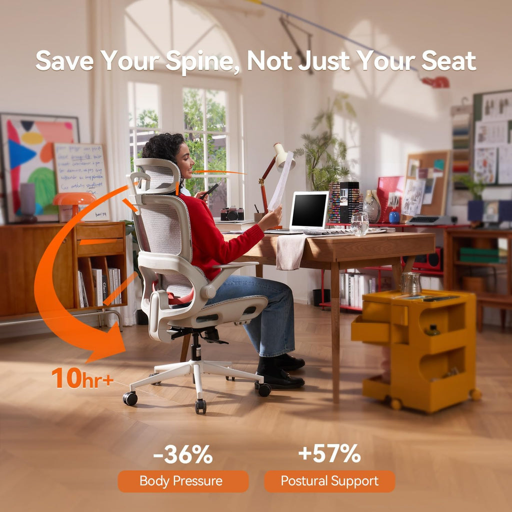 SIHOO B100 Office Chair, Comfy Ergonomic Office Chair, High Back Computer Chair with Adaptive Lumbar Support & Wide Headrest, Flip-up Armrests, Swivel Desk Chair for Long Hours, Grey