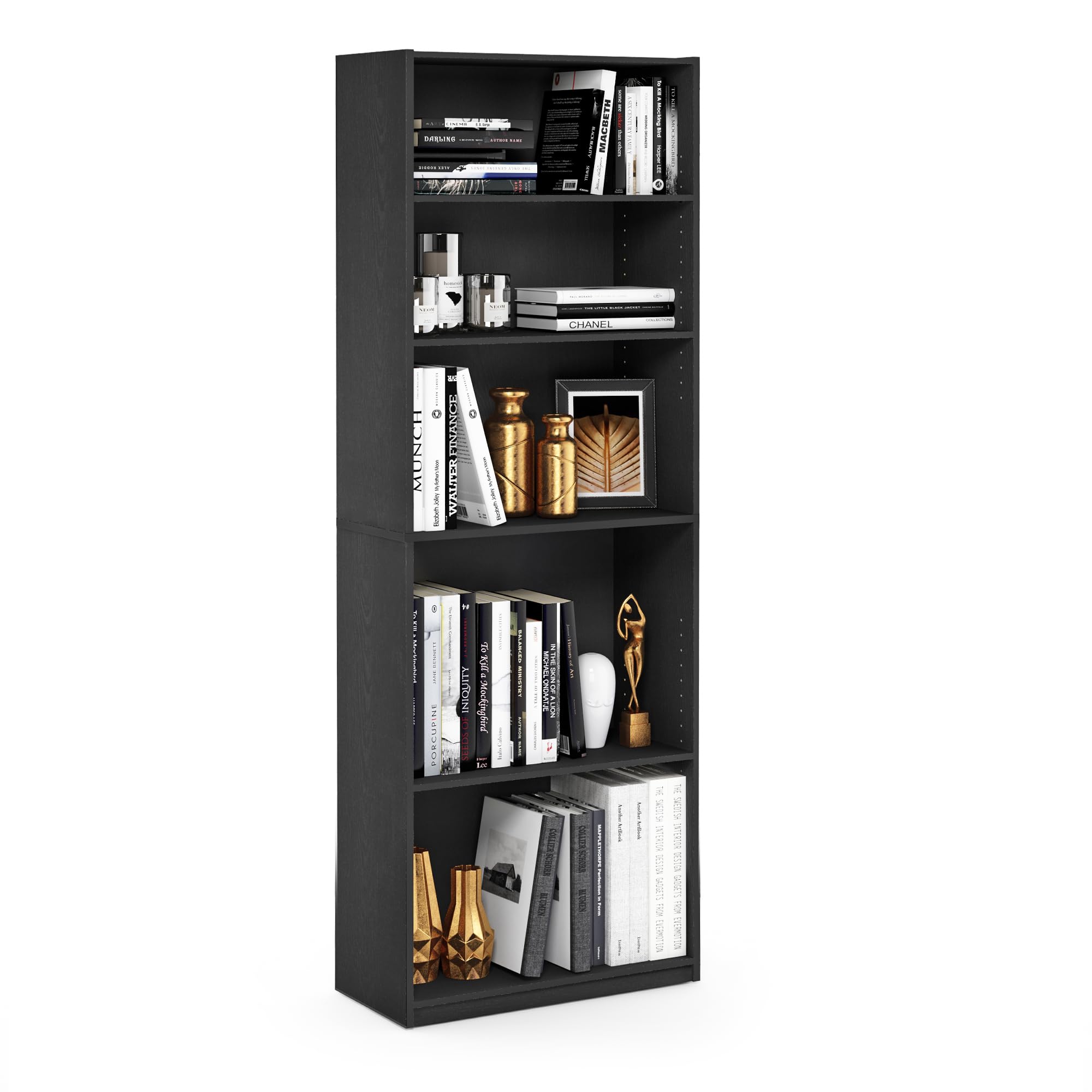Furinno JAYA Book Shelf, 5-Tier Bookshelf, Bookcase with Adjustable Shelves, 9.5" x 24.5" x 71.2", for Organization and Storage, for Living Room, Bedroom, Home Office, Amber Pine