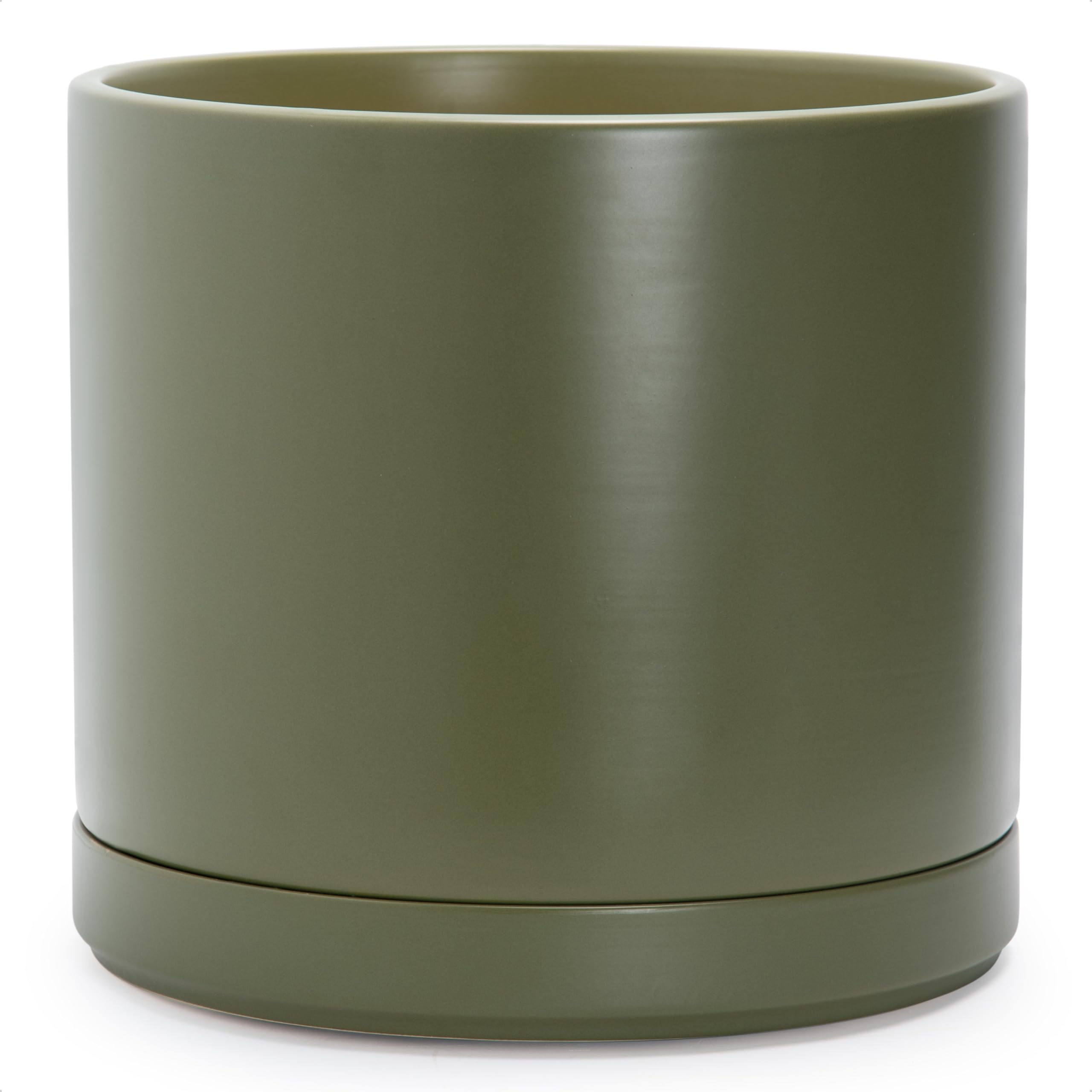 D'vine Dev 10 Inch Ceramic Planter Pot with Drainage Hole and Saucer, Indoor Cylinder Round Planter Pot, White, 94-O-E-1