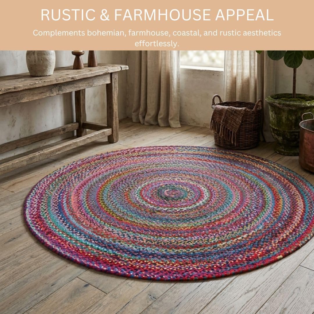 WeWove Hand Woven Area Rug 8 Feet Round - Cotton Area Rug Rustic Farmhouse Boho Accent Rug for Living Room Bedroom Kitchen Dorm Entryway Hallway - for High Traffic Areas Handcrafted Floor Rug