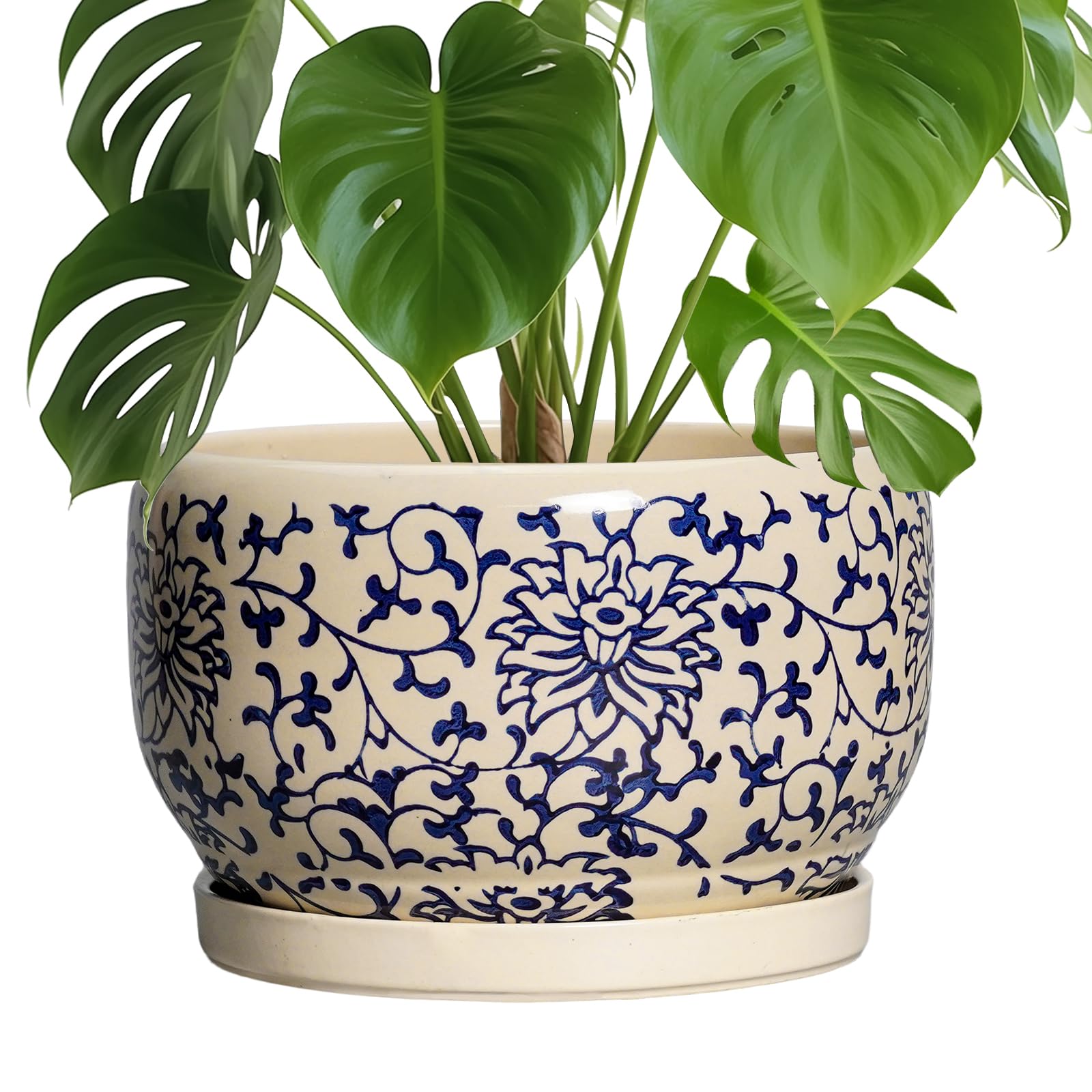 SQOWL Ceramic Planter 8 Inch - Pot for Indoor Outdoor Plants Round Ceramic Plant Pot with Drainage Hole and Saucer Modern Flower Pot Glazed Blue