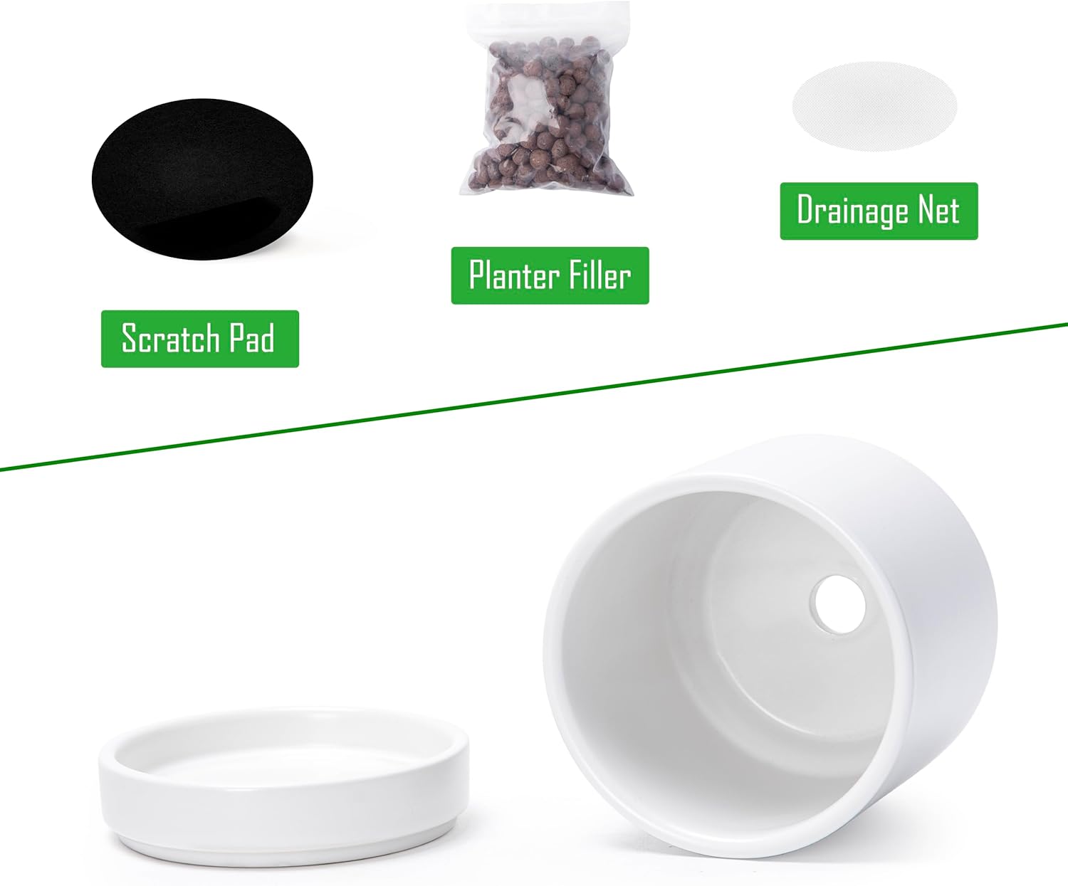 D'vine Dev Set of 4 Small Ceramic Plant Pots, 4.7 Inch Succulent Planter Pot for Plants with Drainage Hole and Saucer, White, 94-X-B-1