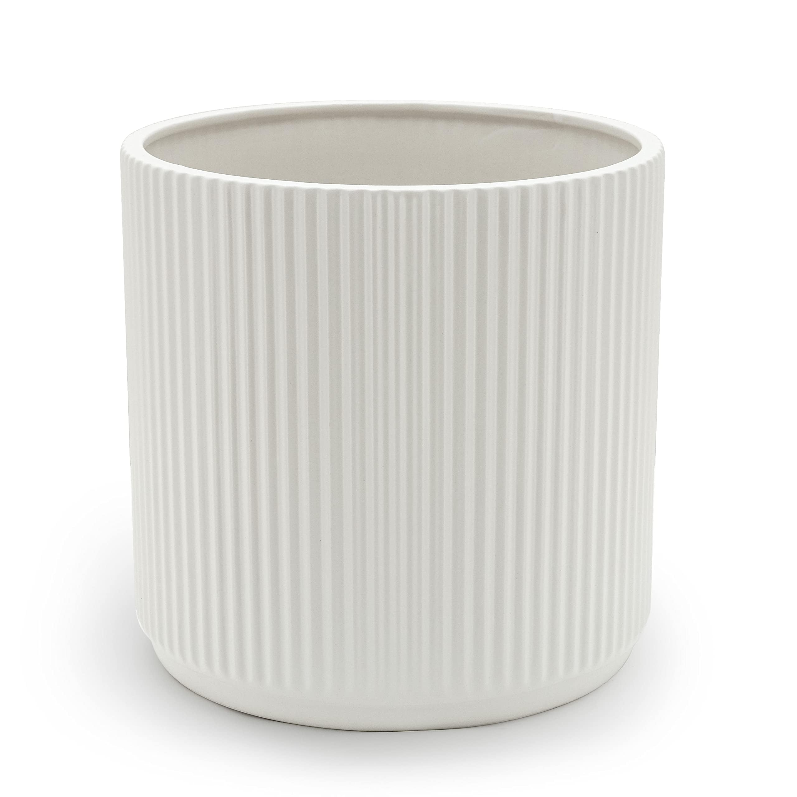 Amazon Basics Fluted Ceramic Round Planter with Drainage Hole, Indoor Outdoor Flower Pot, 10-inch, White