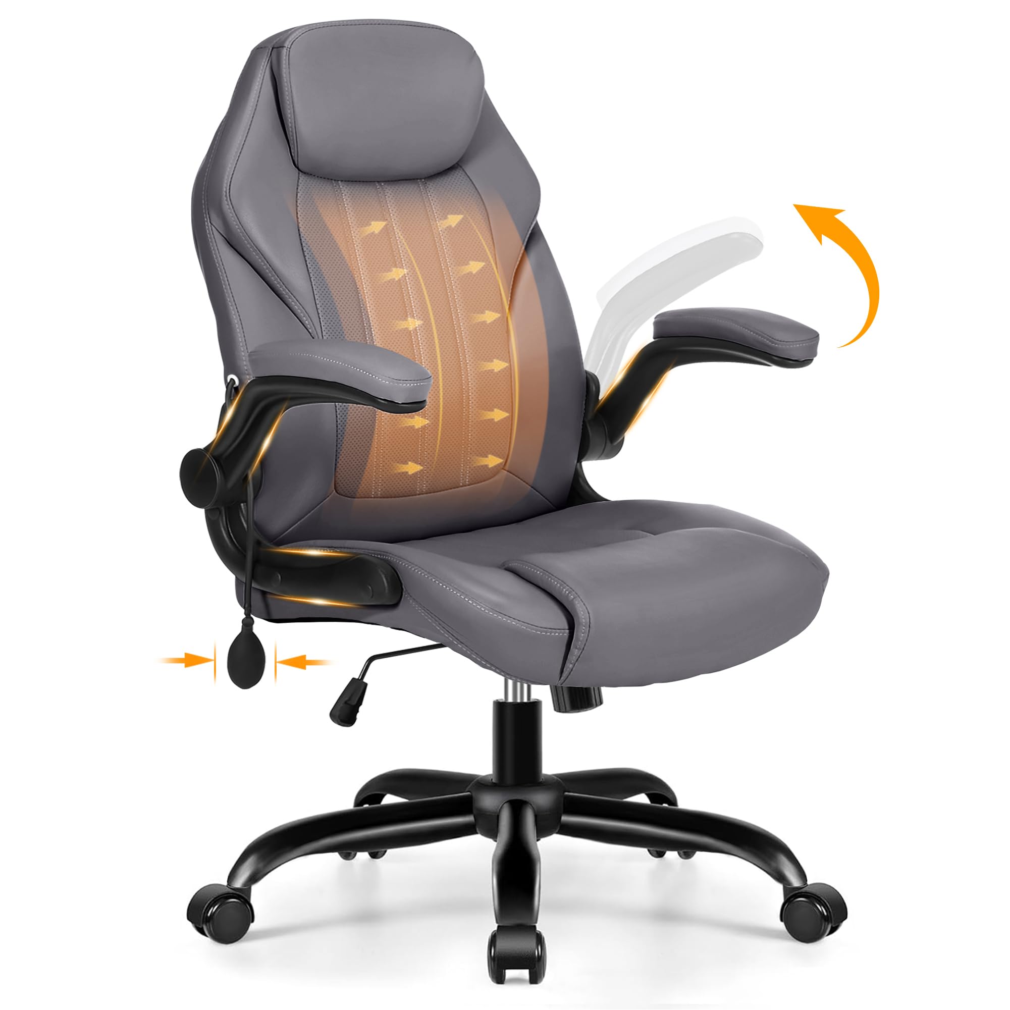 Ylzyxal Office Desk Chair, Ergonomic Computer Chair with Padded Flip-Up Arms and Adjustable Lumbar Support, PU Leather Executive Chair with Tilt Lock and 360° Swivel Rolling Wheels for Work, Study