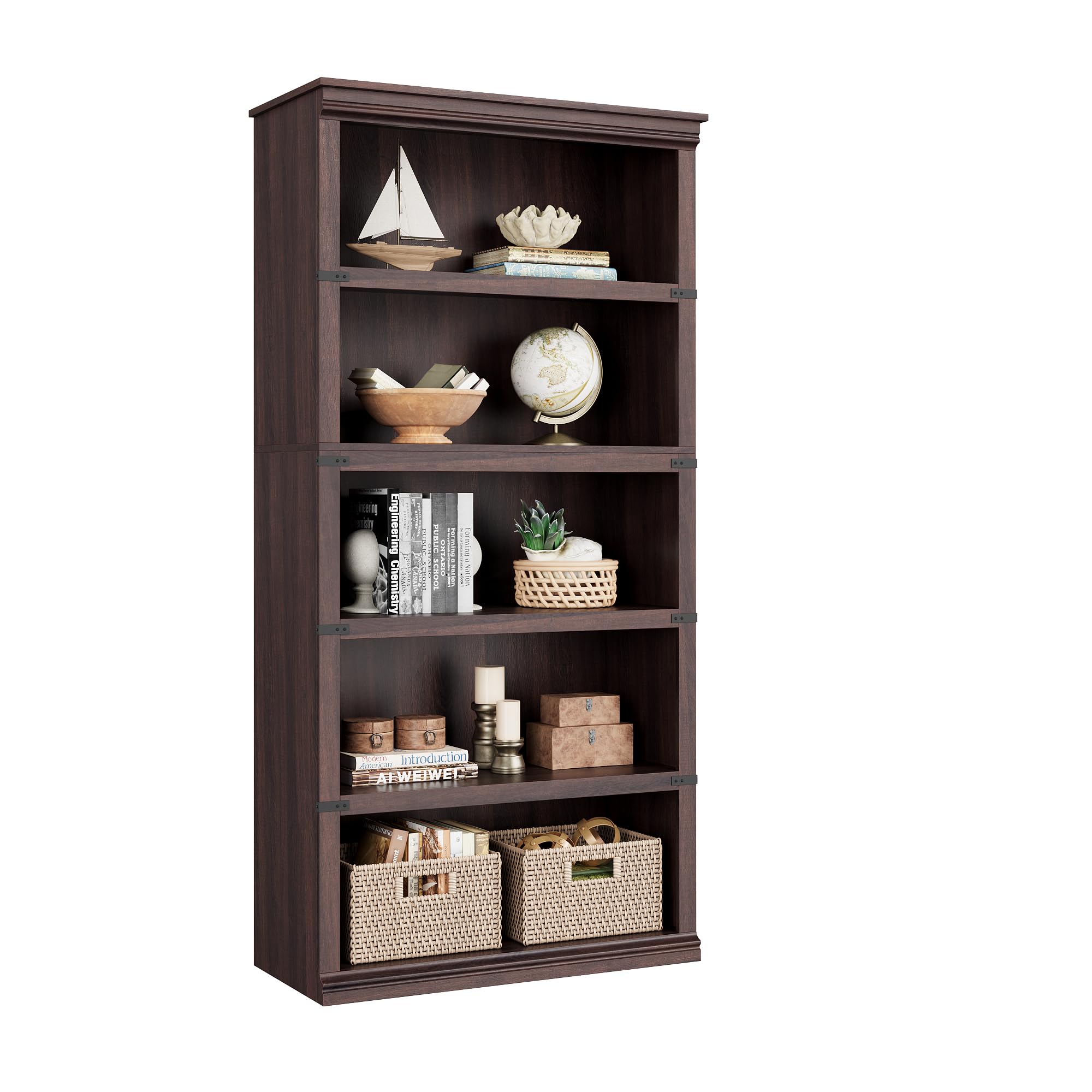 IDEALHOUSE 5 Tier Bookcase, Farmhouse Book Shelf with Storage Open Display Bookshelves, 67.4" Tall Book Case Wooden 5 Shelf Bookcase Home Decor Furniture for Home Office, Living Room- Reddish Brown