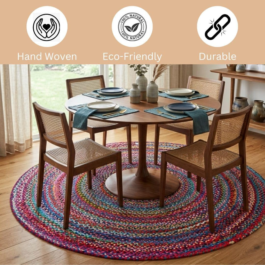 WeWove Hand Woven Area Rug 8 Feet Round - Cotton Area Rug Rustic Farmhouse Boho Accent Rug for Living Room Bedroom Kitchen Dorm Entryway Hallway - for High Traffic Areas Handcrafted Floor Rug