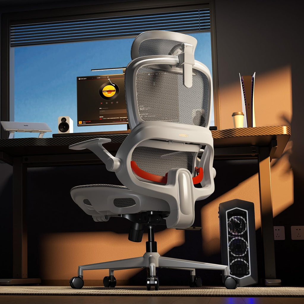 SIHOO B100 Office Chair, Comfy Ergonomic Office Chair, High Back Computer Chair with Adaptive Lumbar Support & Wide Headrest, Flip-up Armrests, Swivel Desk Chair for Long Hours, Grey