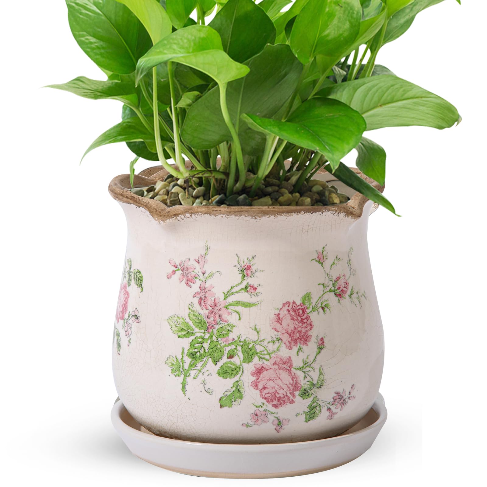 Ceramic-Planters-for-Indoor-Plants with Saucer, 6 inch Vintage Ice Crack Glaze Plant Pots with Drainage Holes, Decorative Flower Pots for Outdoor Garden Home Decor, Tuscan Pot for Plant