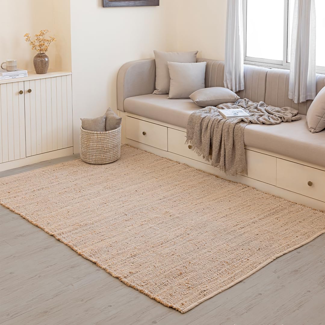HOMEMONDE Jute Cotton Door Mat Hand Woven Rug 2 x 3 ft - Rectangle Natural Fiber Farmhouse Style Braided Rug for Entryway, Bedroom, Living Room, Hallway