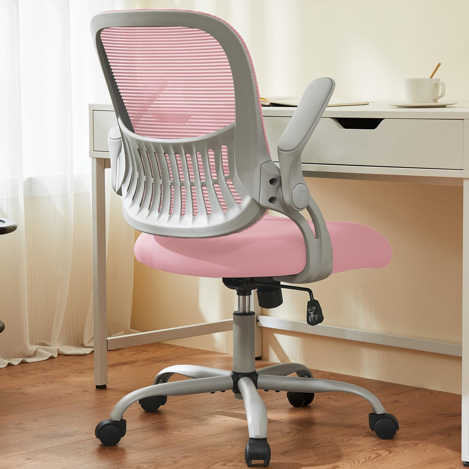 Sweetcrispy Office Computer Desk Chair, Ergonomic Mid-Back Mesh Rolling Work Swivel Task Chairs with Wheels, Comfortable Lumbar Support, Comfy Flip-up Arms for Home, Bedroom, Study, Student, Black