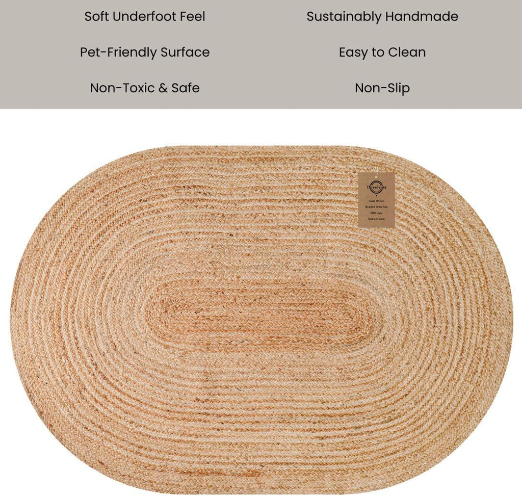 Hand Woven Braided Jute Area Rug 4x6 Feet Oval - Rustic Farmhouse Boho Accent Rug for Living Room Bedroom Kitchen Entryway Floor Mats - Ideal for High Traffic Areas 100% Natural Jute