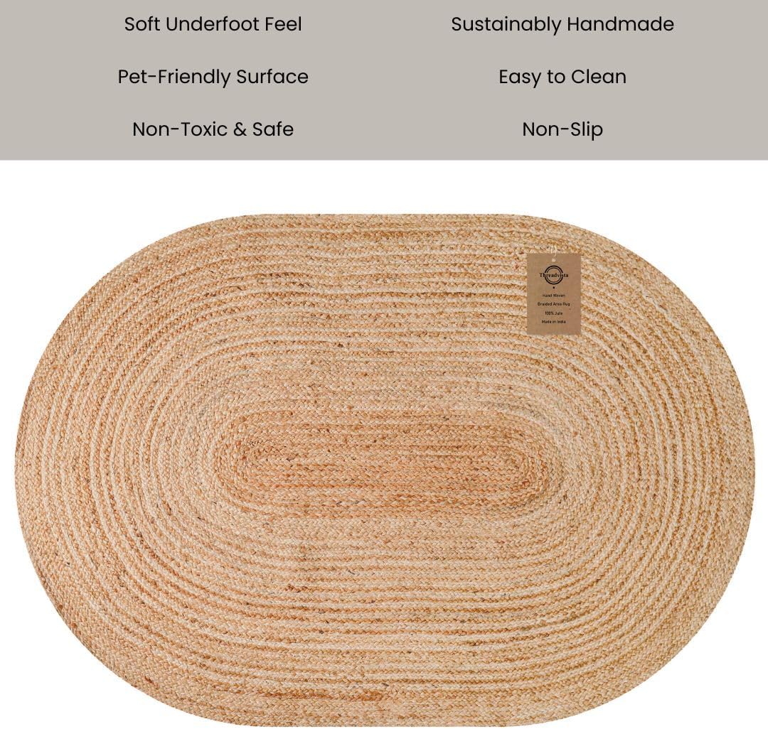 Hand Woven Braided Jute Area Rug 4x6 Feet Oval - Rustic Farmhouse Boho Accent Rug for Living Room Bedroom Kitchen Entryway Floor Mats - Ideal for High Traffic Areas 100% Natural Jute
