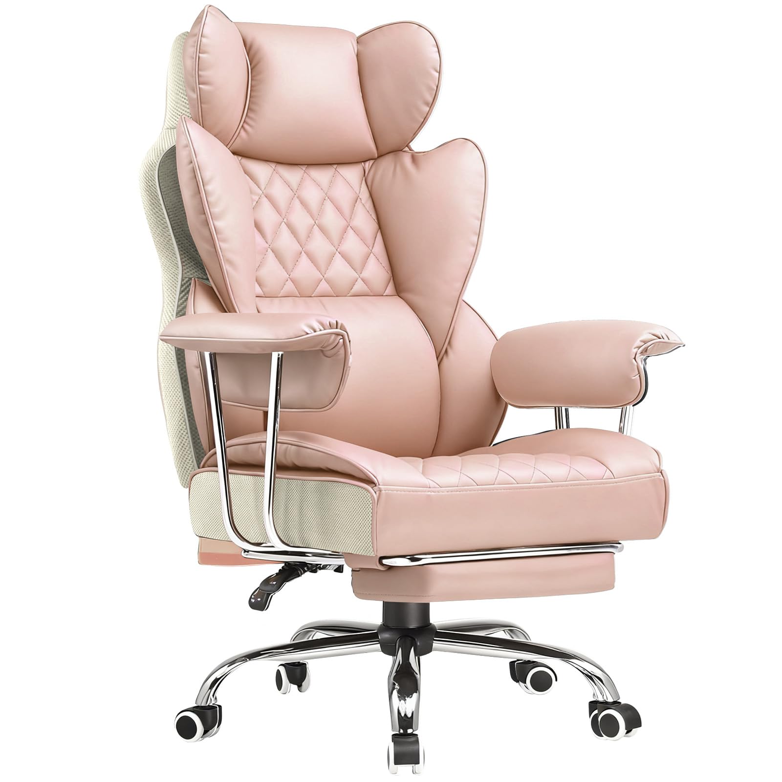 COMHOMA Big and Tall Office Chair, High Back Leather Gaming Chair with Footrest, Executive Ergonomic Office Chair with Pocket Spring Lumbar Support and with Outward Fixed Soft Armrests