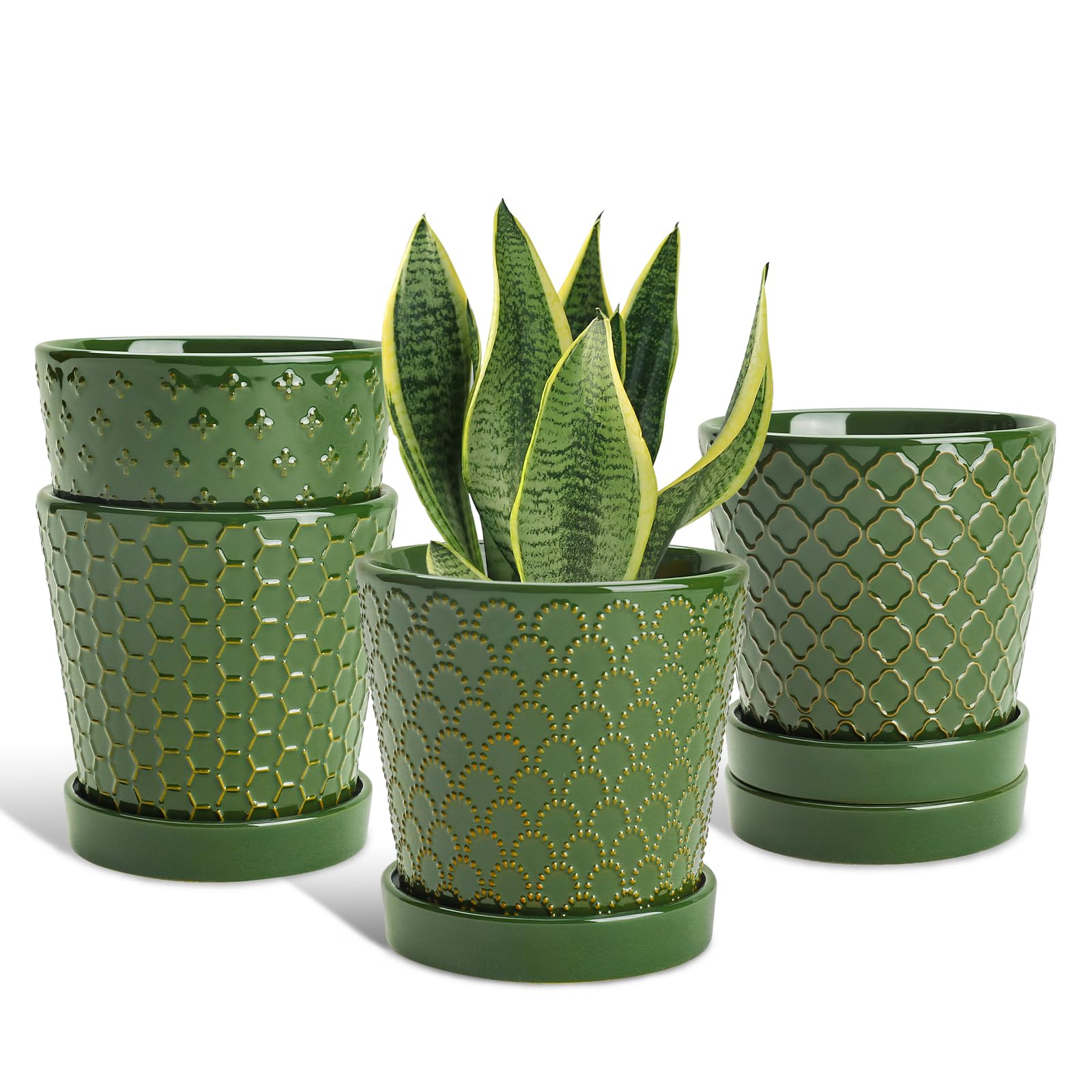 EFISPSS Flower Planter –5 inch Ceramic Plant Pots with Drainage Hole and Ceramic Tray - Gardening Home Desktop Office Windowsill Decoration Gift Set of 4 - Plants NOT Included