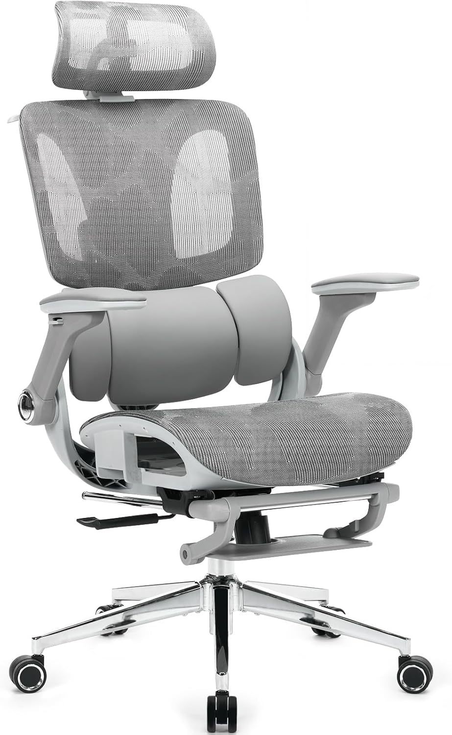 Ergonomic Mesh Office Chair with Footrest, High Back Desk Chair with 4D Armrests, 3-Zone Dynamic Lumbar Support, Ergonomic Office Chair with Wheels (Silver Gray)