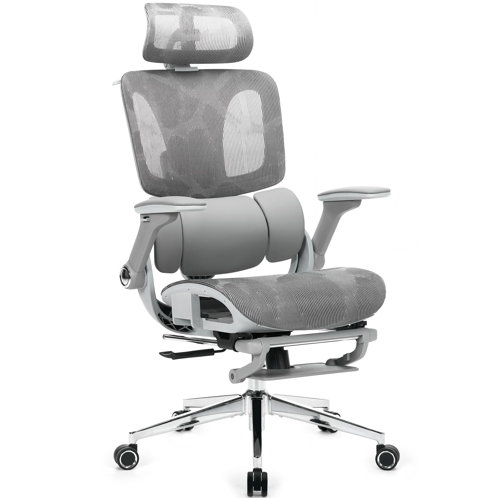 Ergonomic Mesh Office Chair with Footrest, High Back Desk Chair with 4D Armrests, 3-Zone Dynamic Lumbar Support, Ergonomic Office Chair with Wheels (Silver Gray)