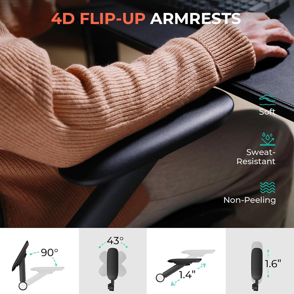CAPOT Ergonomic Mesh Office Chair, Adjustable Lumbar High Back Desk Chair 400lbs, 4D Flip-up Arms, 3-Level Tilt Backrest, 3D Headrest, PU Wheels, Swivel Rolling Computer Seating for Long Desk Work