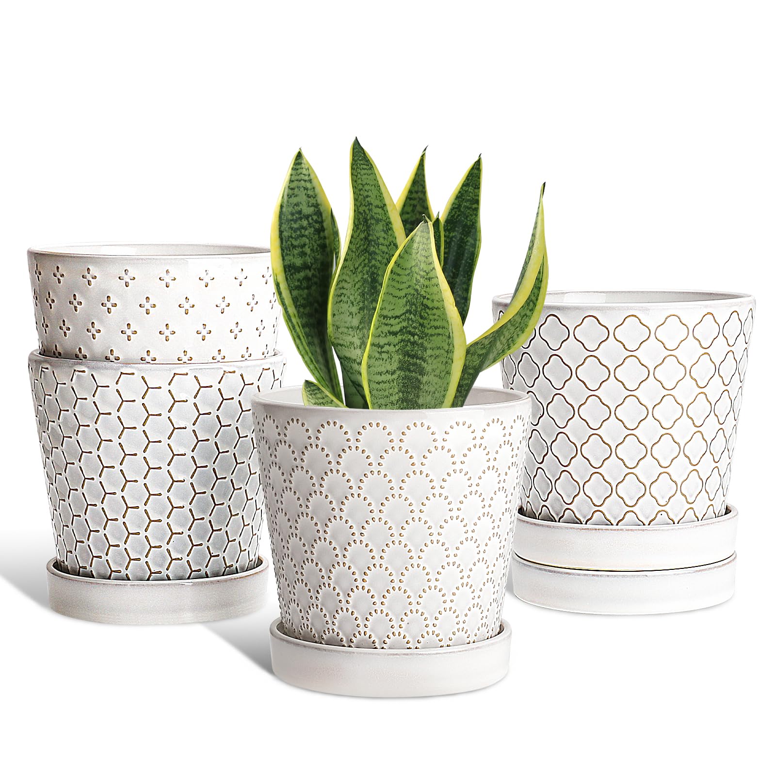 EFISPSS Flower Planter –5 inch Ceramic Plant Pots with Drainage Hole and Ceramic Tray - Gardening Home Desktop Office Windowsill Decoration Gift Set of 4 - Plants NOT Included