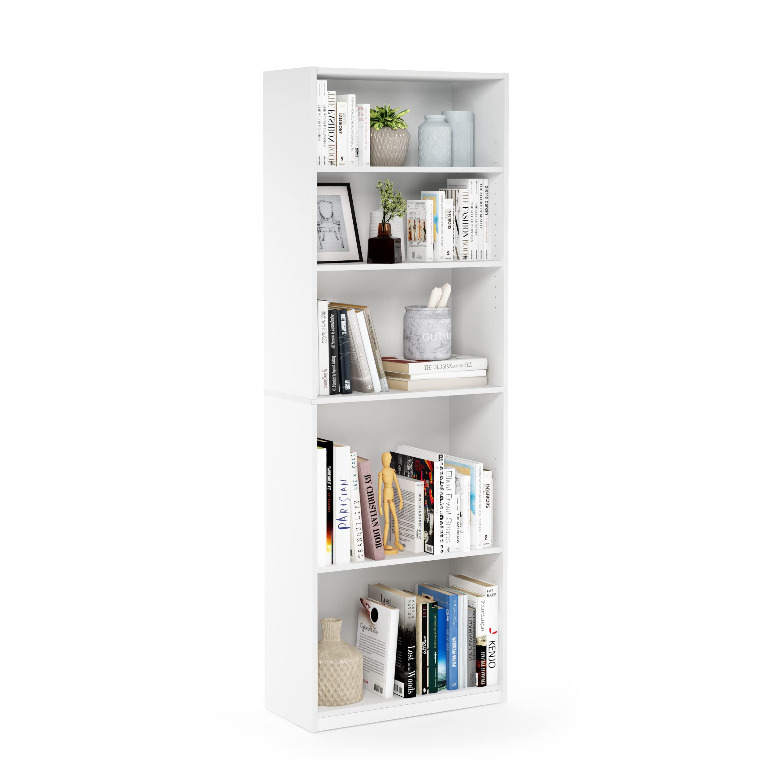 Furinno JAYA Book Shelf, 5-Tier Bookshelf, Bookcase with Adjustable Shelves, 9.5" x 24.5" x 71.2", for Organization and Storage, for Living Room, Bedroom, Home Office, Amber Pine