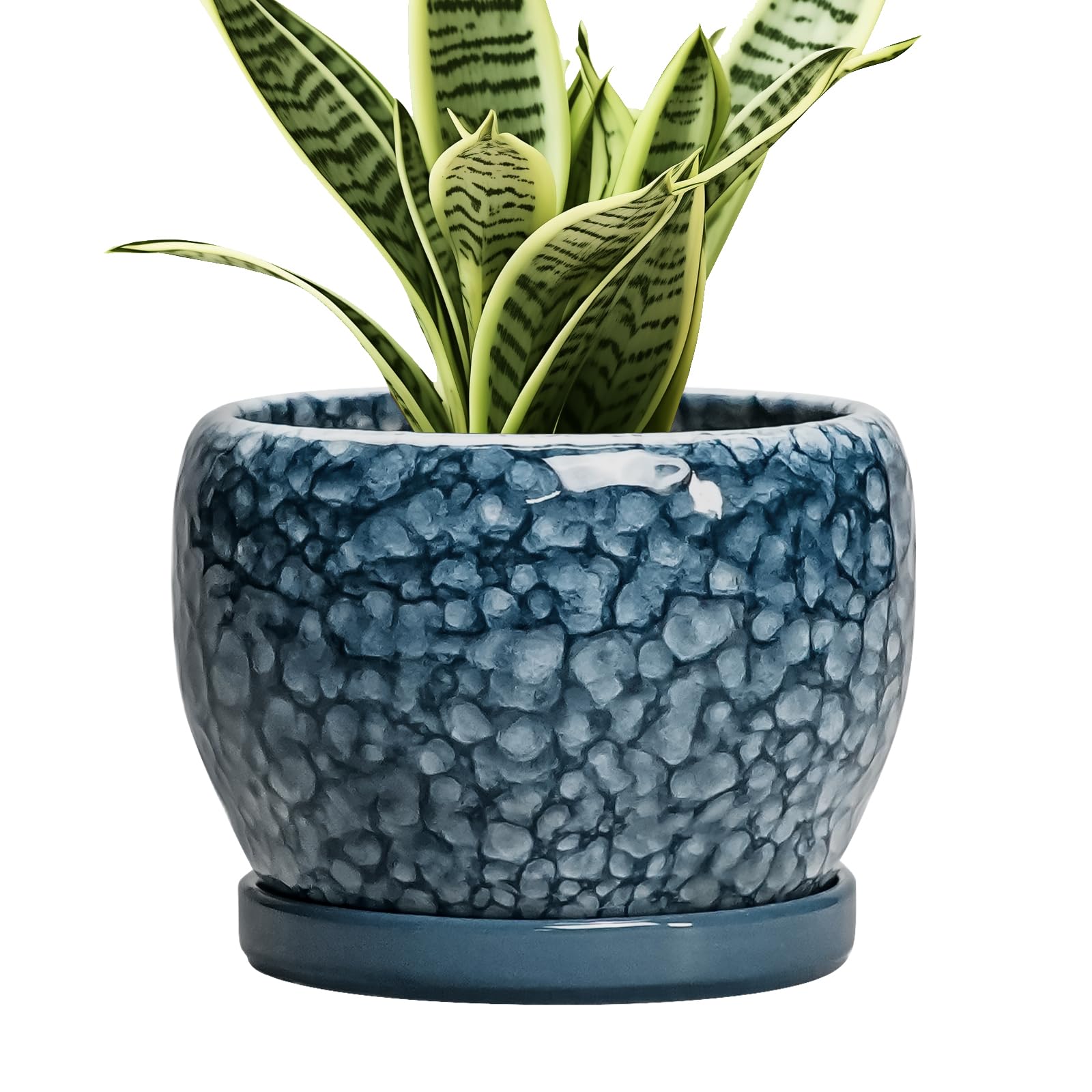 SQOWL Ceramic Planter 8 Inch - Pot for Indoor Outdoor Plants Round Ceramic Plant Pot with Drainage Hole and Saucer Modern Flower Pot Glazed Blue