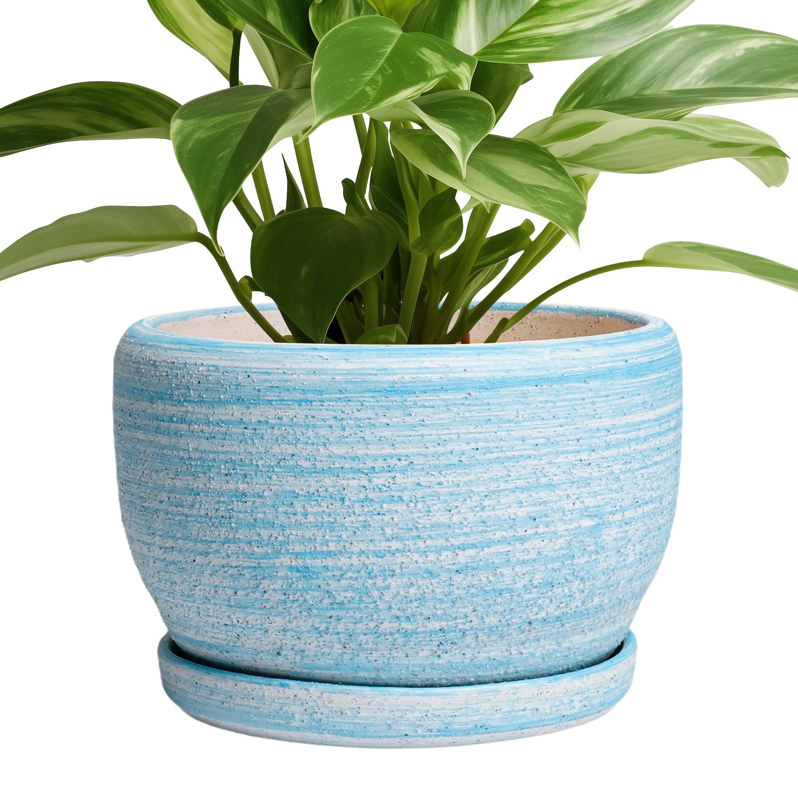 SQOWL Ceramic Planter 8 Inch - Pot for Indoor Outdoor Plants Round Ceramic Plant Pot with Drainage Hole and Saucer Modern Flower Pot Glazed Blue
