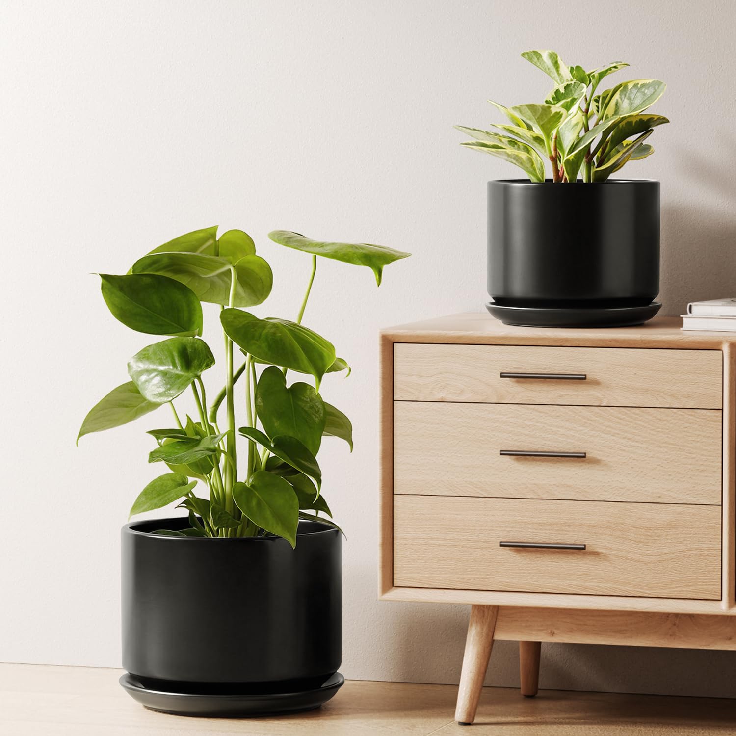 LE TAUCI 12 Inch Pots for Plants, Ceramic Plant Pots with Drainage Holes and Saucers, Elegant and Durable Large Plant Pot, Perfect for Home & Office Decor, White
