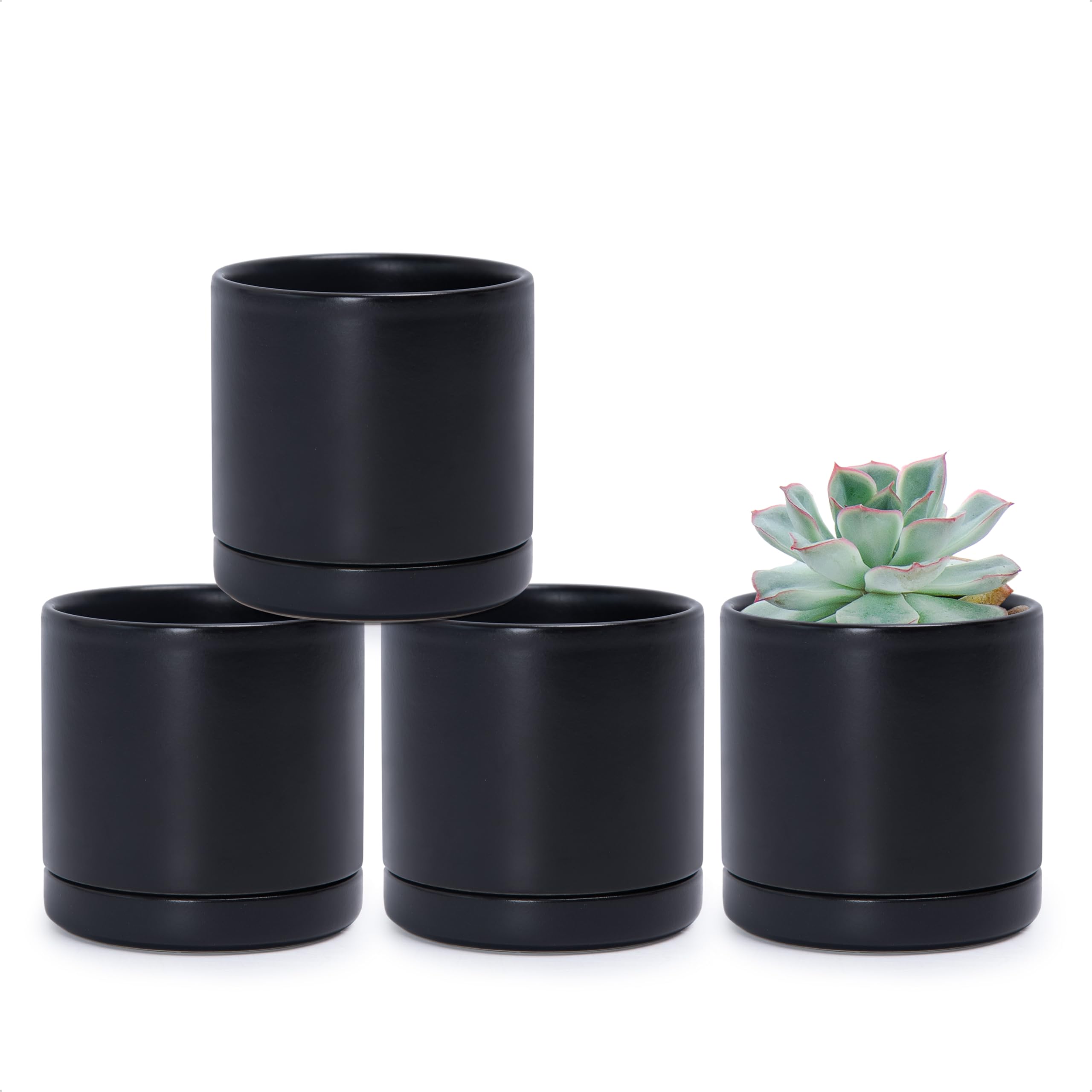 D'vine Dev Set of 4 Small Ceramic Plant Pots, 4.7 Inch Succulent Planter Pot for Plants with Drainage Hole and Saucer, White, 94-X-B-1