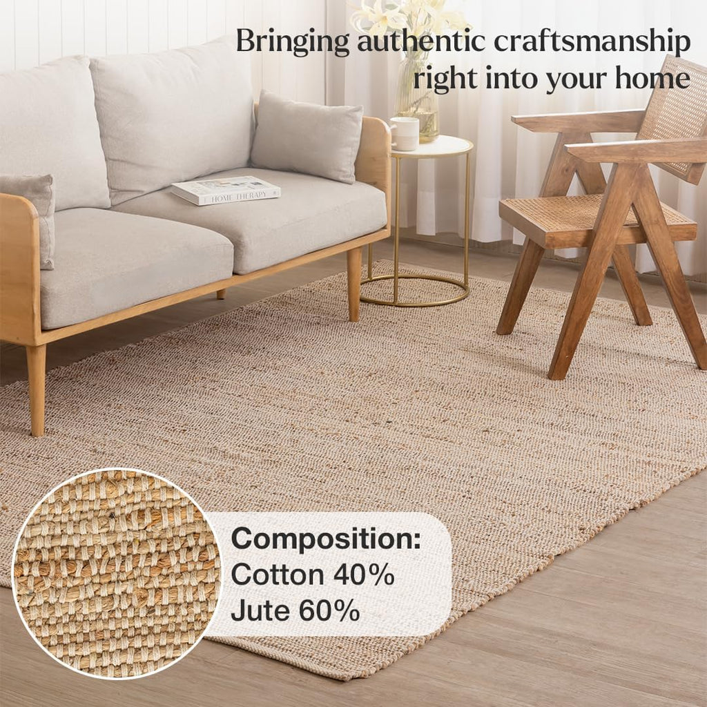 HOMEMONDE Jute Cotton Door Mat Hand Woven Rug 2 x 3 ft - Rectangle Natural Fiber Farmhouse Style Braided Rug for Entryway, Bedroom, Living Room, Hallway