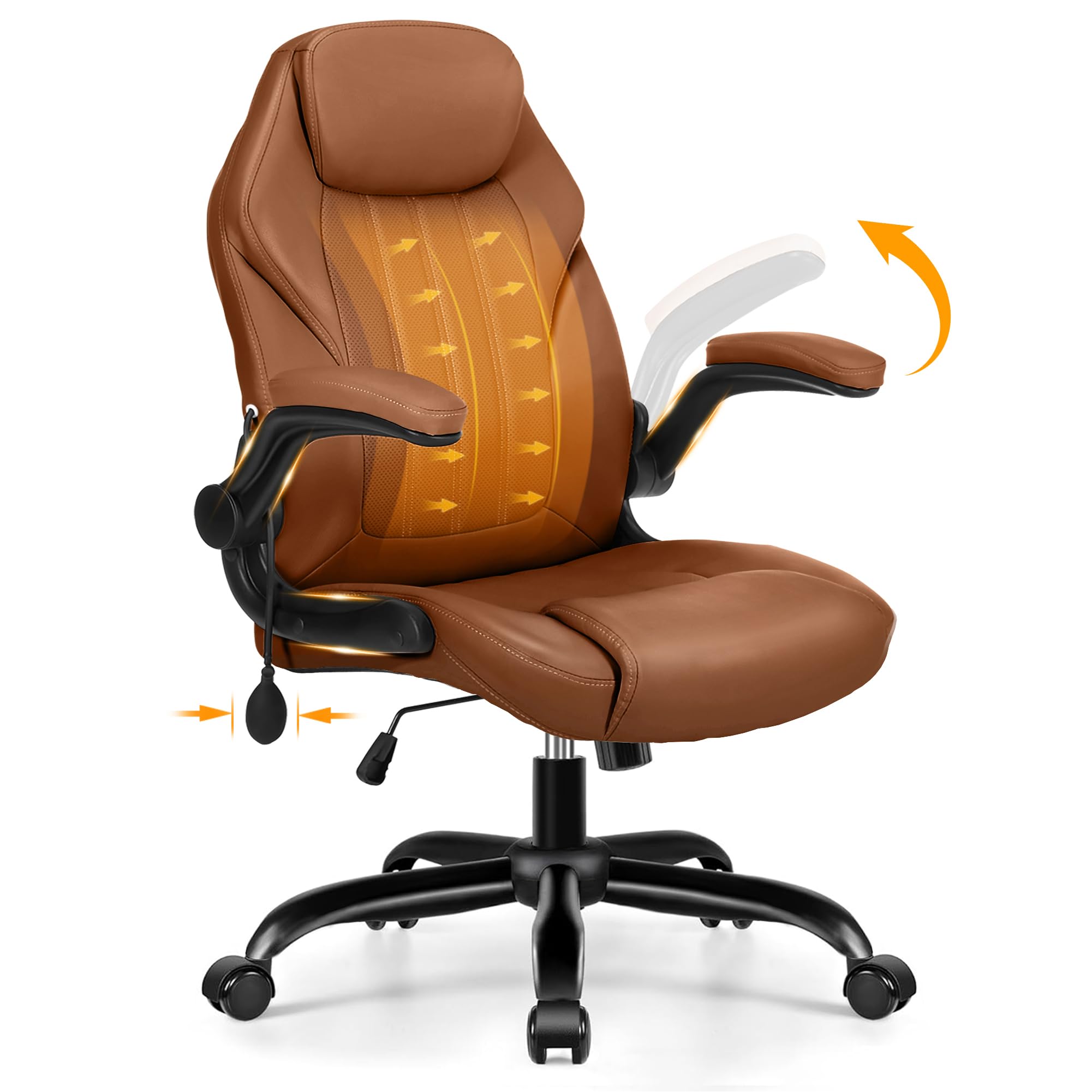 Ylzyxal Office Desk Chair, Ergonomic Computer Chair with Padded Flip-Up Arms and Adjustable Lumbar Support, PU Leather Executive Chair with Tilt Lock and 360° Swivel Rolling Wheels for Work, Study