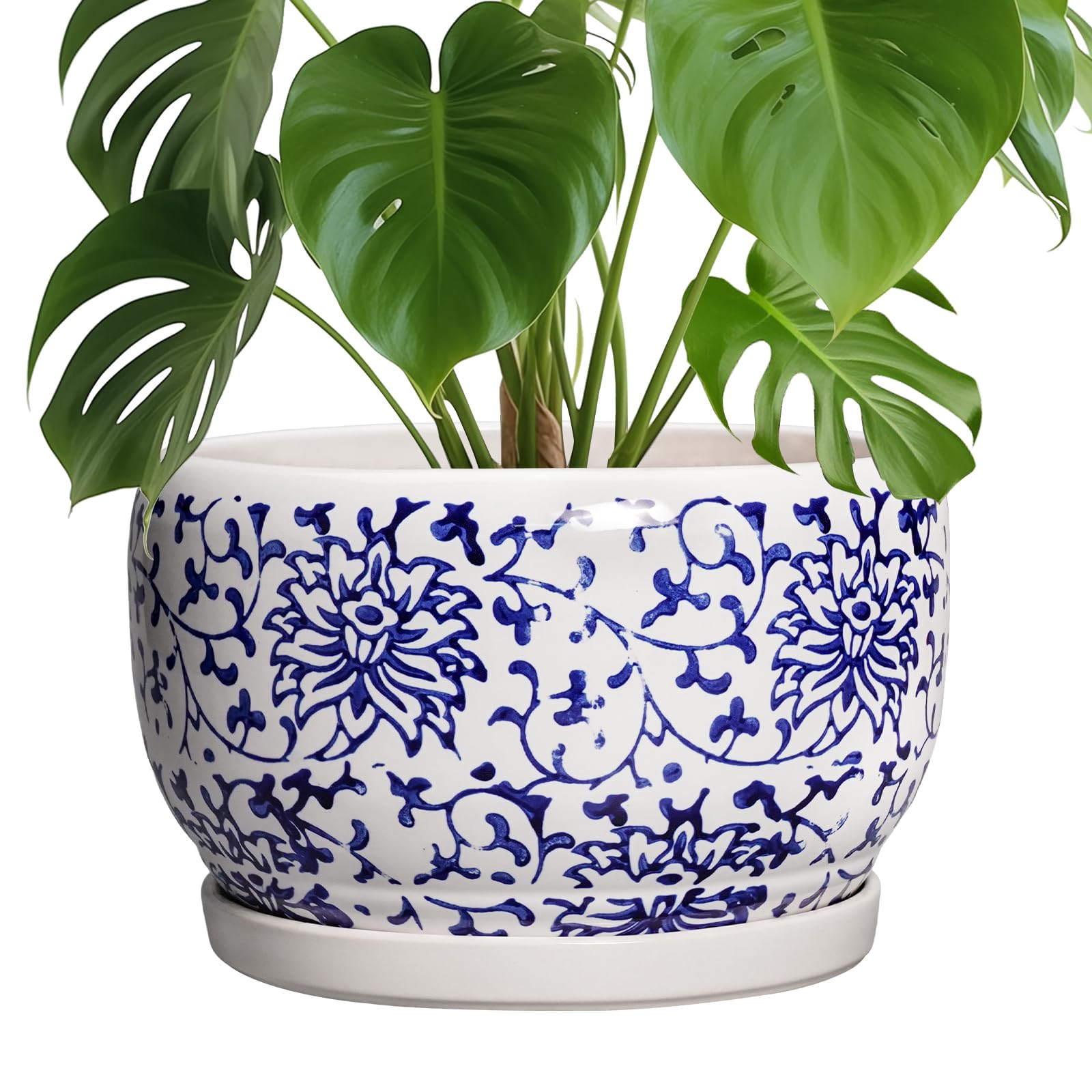 SQOWL Ceramic Planter 8 Inch - Pot for Indoor Outdoor Plants Round Ceramic Plant Pot with Drainage Hole and Saucer Modern Flower Pot Glazed Blue