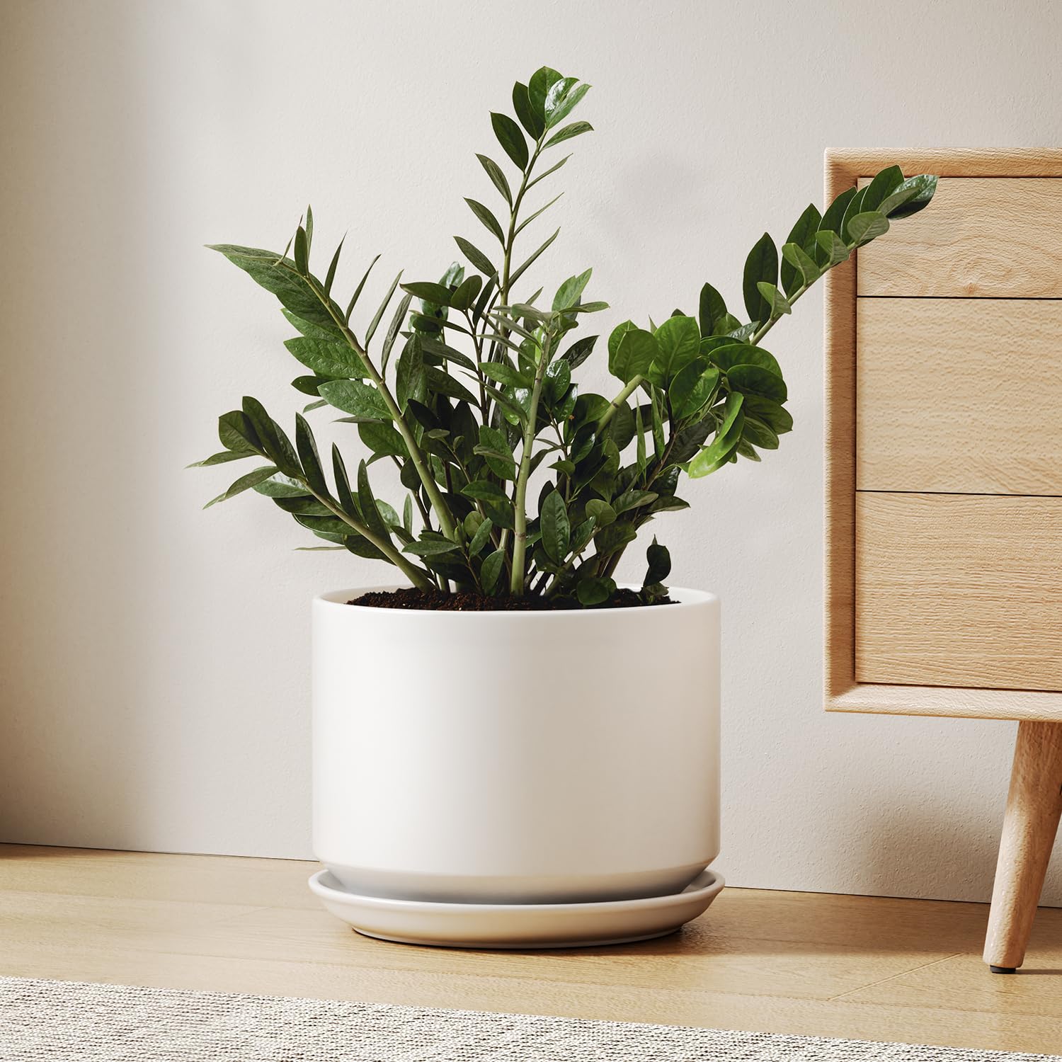 LE TAUCI 12 Inch Pots for Plants, Ceramic Plant Pots with Drainage Holes and Saucers, Elegant and Durable Large Plant Pot, Perfect for Home & Office Decor, White