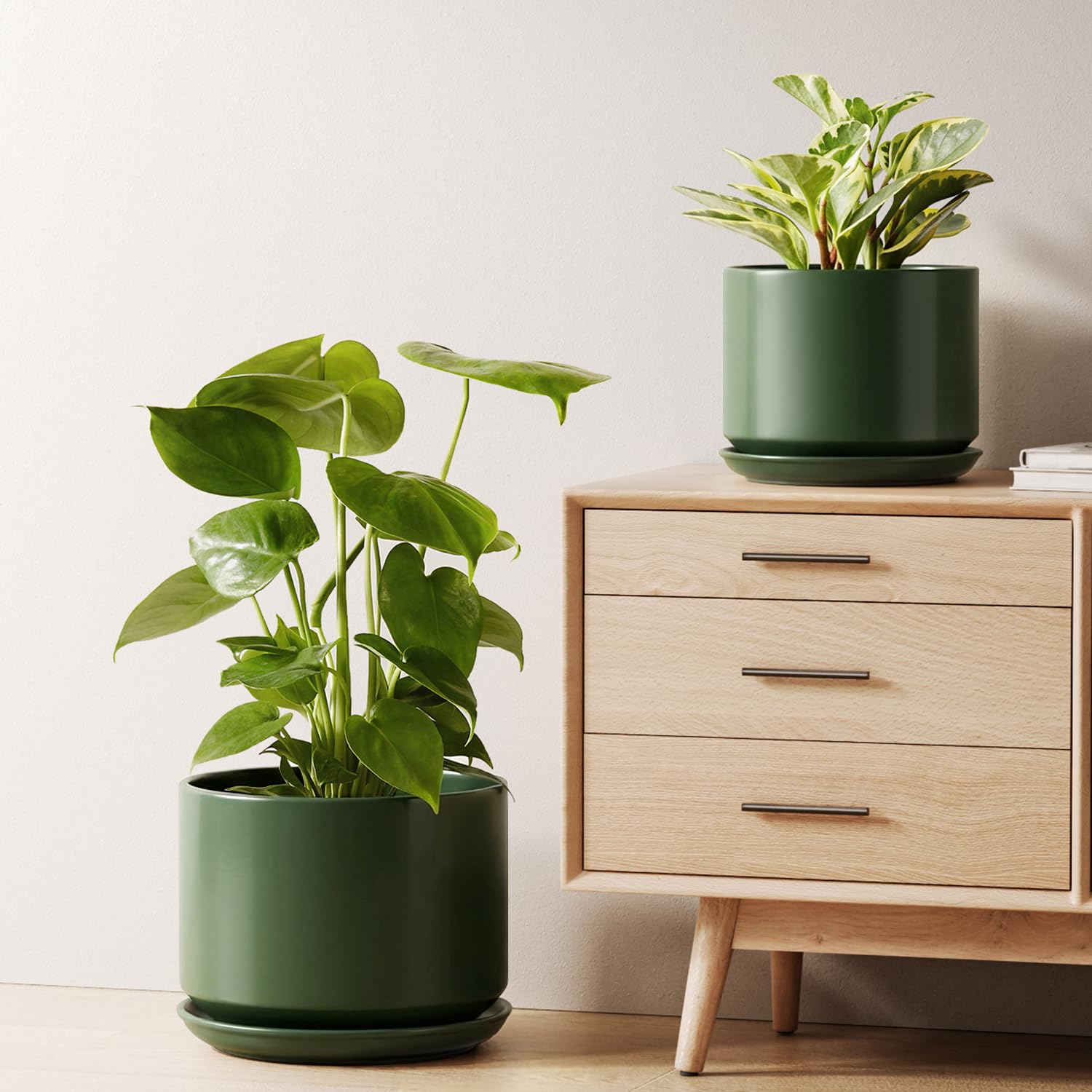 LE TAUCI 12 Inch Pots for Plants, Ceramic Plant Pots with Drainage Holes and Saucers, Elegant and Durable Large Plant Pot, Perfect for Home & Office Decor, White