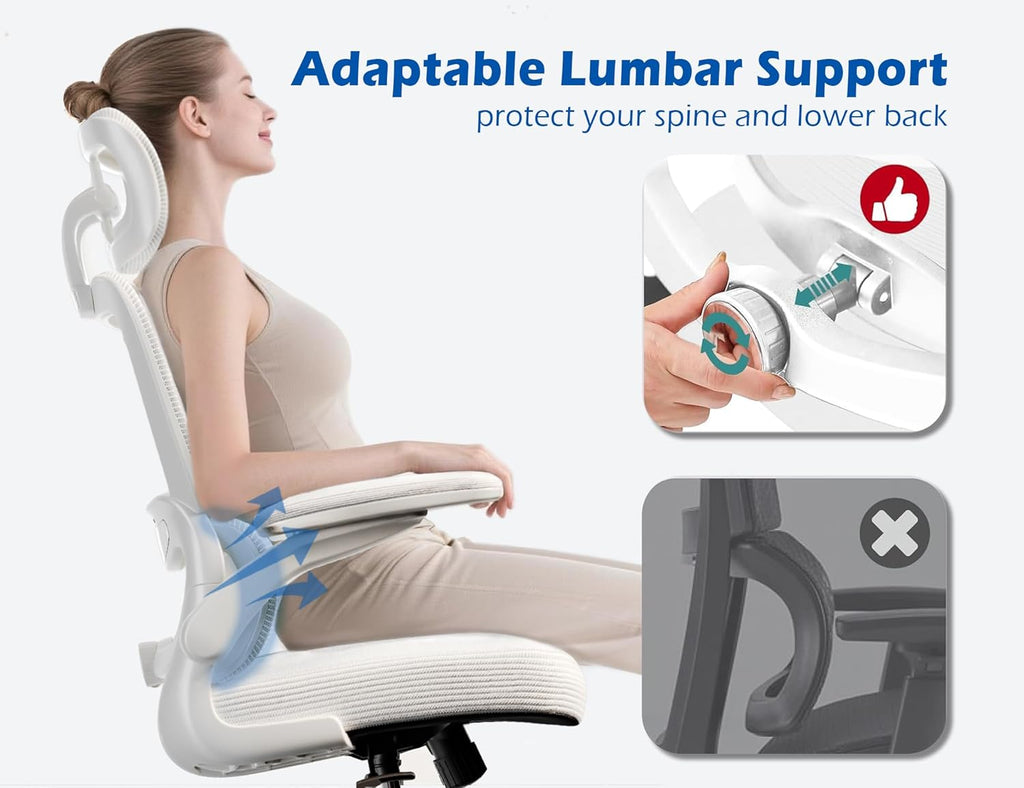 TRALT Ergonomic Office Chair - Desk Chair with Adjustable Headrest Lumbar Support Computer Chair - Mesh Comfy Chair with Flip-up Armrests - Gaming Chairs for Adults Home Office (Leather, White)