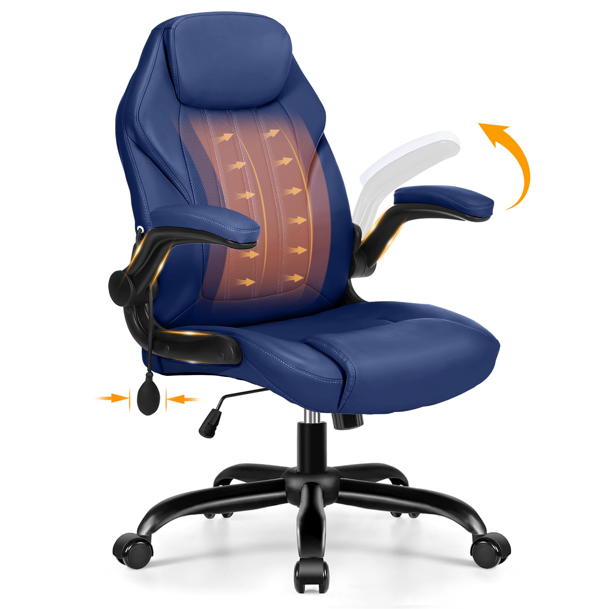 Ylzyxal Office Desk Chair, Ergonomic Computer Chair with Padded Flip-Up Arms and Adjustable Lumbar Support, PU Leather Executive Chair with Tilt Lock and 360° Swivel Rolling Wheels for Work, Study