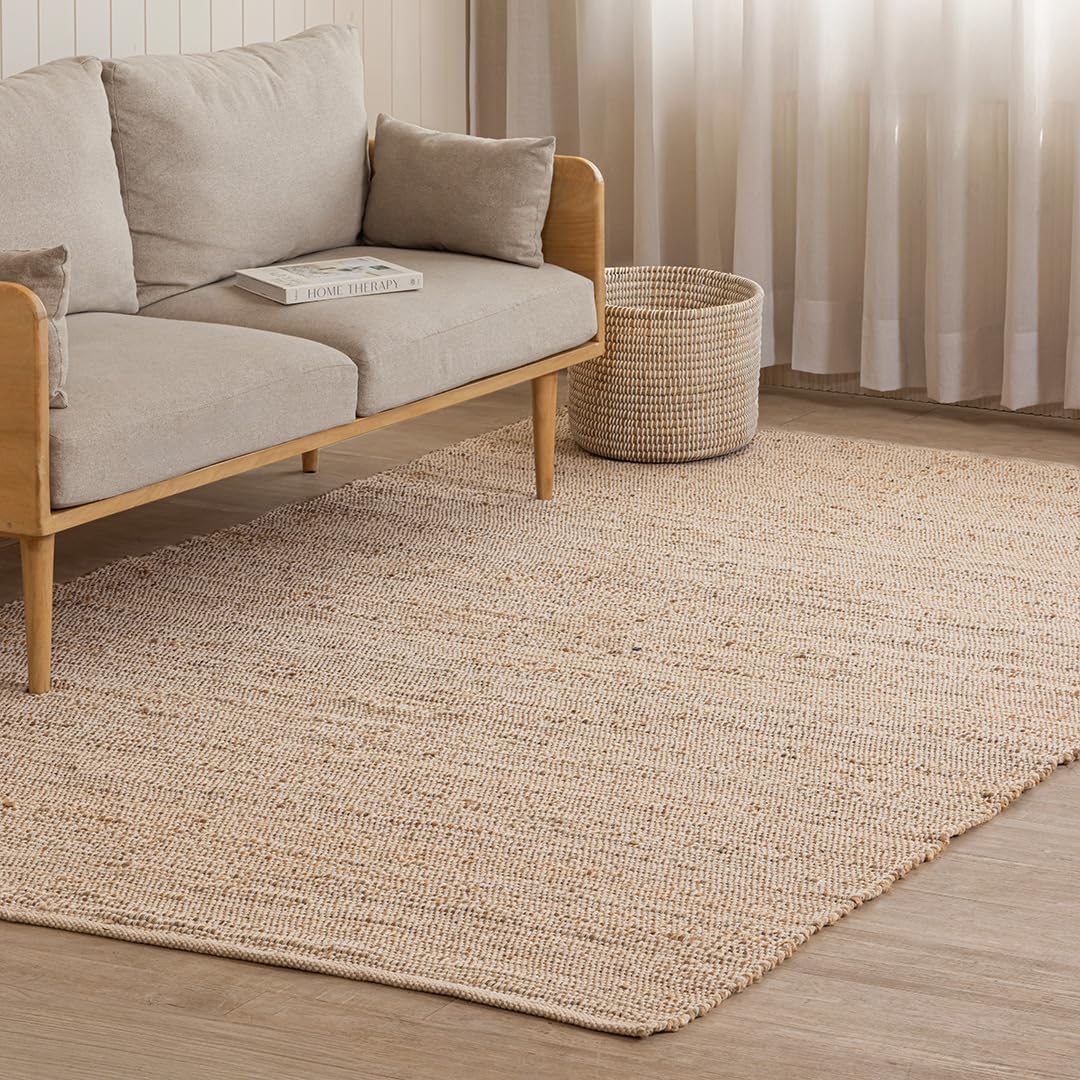 HOMEMONDE Jute Cotton Door Mat Hand Woven Rug 2 x 3 ft - Rectangle Natural Fiber Farmhouse Style Braided Rug for Entryway, Bedroom, Living Room, Hallway