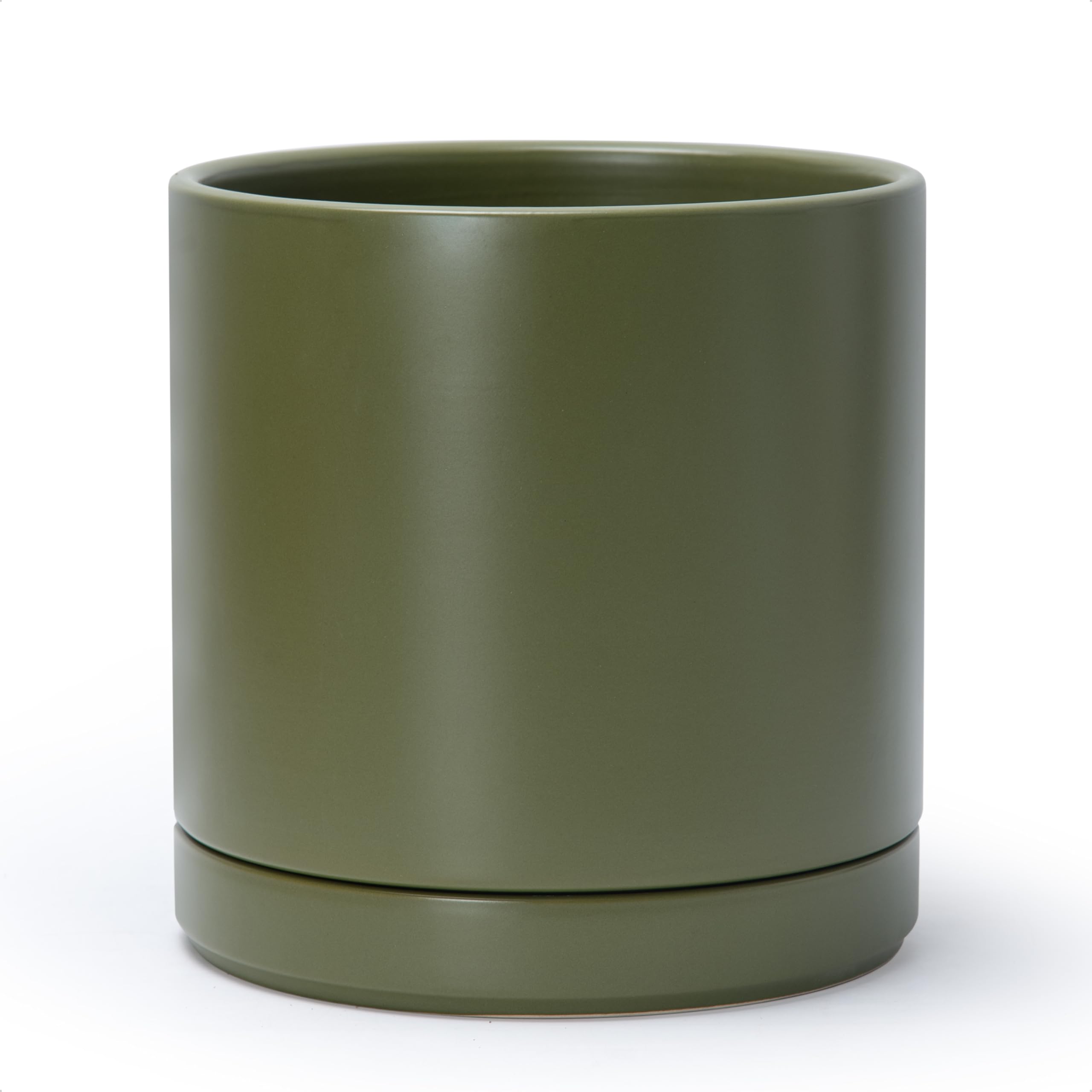 D'vine Dev 10 Inch Ceramic Planter Pot with Drainage Hole and Saucer, Indoor Cylinder Round Planter Pot, White, 94-O-E-1