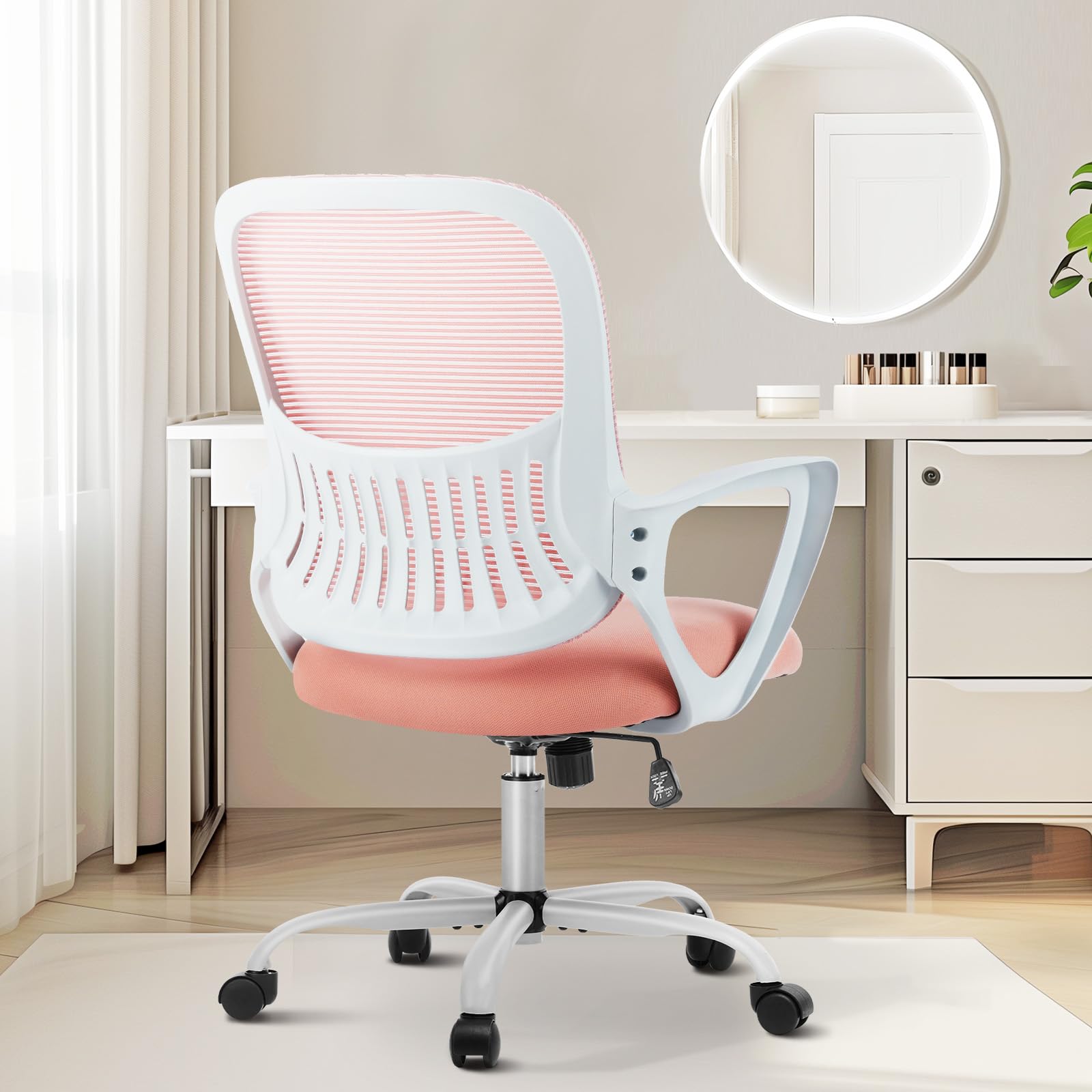 Sweetcrispy Office Computer Desk Chair, Ergonomic Mid-Back Mesh Rolling Work Swivel Task Chairs with Wheels, Comfortable Lumbar Support, Comfy Flip-up Arms for Home, Bedroom, Study, Student, Black