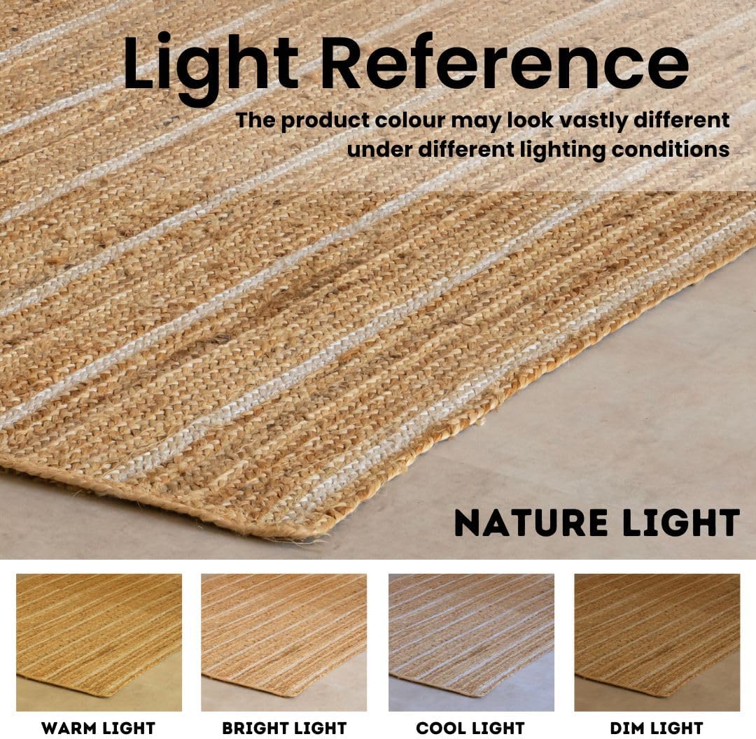 HOMEMONDE Natural Braided Jute Area Rug 4x6 ft - Off White Stripe Eco Friendly Premium Fiber - Hand Woven Rustic Vintage Reversible Carpet Rugs for Bedroom, Kitchen, Living Room and Dining Room