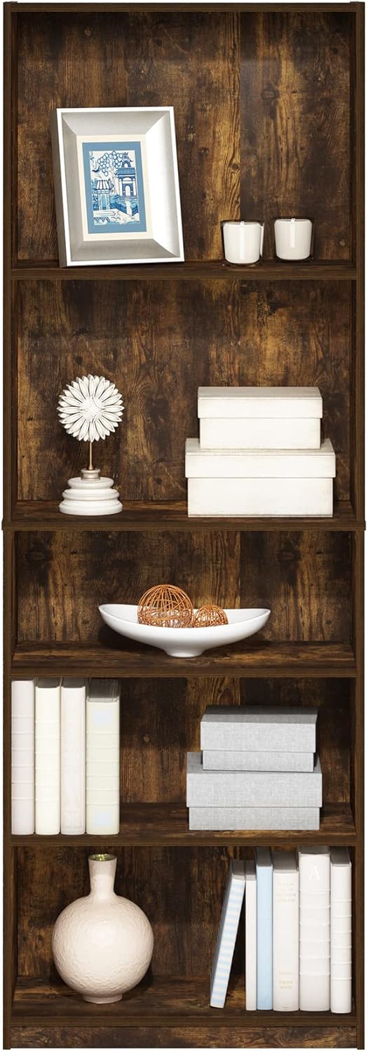 Furinno JAYA Book Shelf, 5-Tier Bookshelf, Bookcase with Adjustable Shelves, 9.5" x 24.5" x 71.2", for Organization and Storage, for Living Room, Bedroom, Home Office, Amber Pine