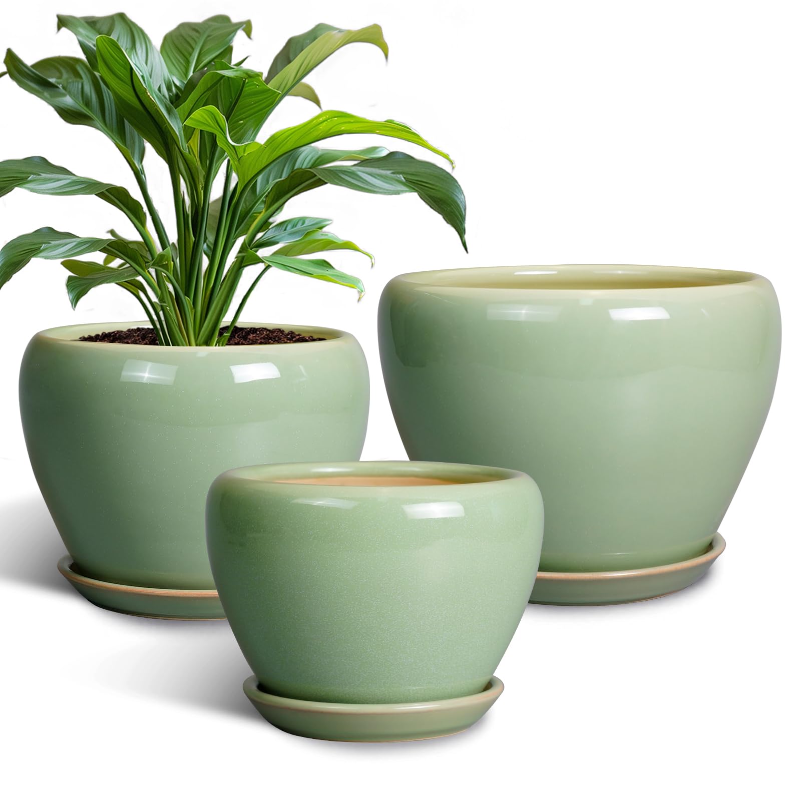 Ceramic Plant Pots Indoor, 10 Inch 8 Inch 6 Inch Round Planters Pots for Indoor Outdoor Plants, Modern Large Flower Pots with Drainage Holes and Saucers, Set of 3, Blue