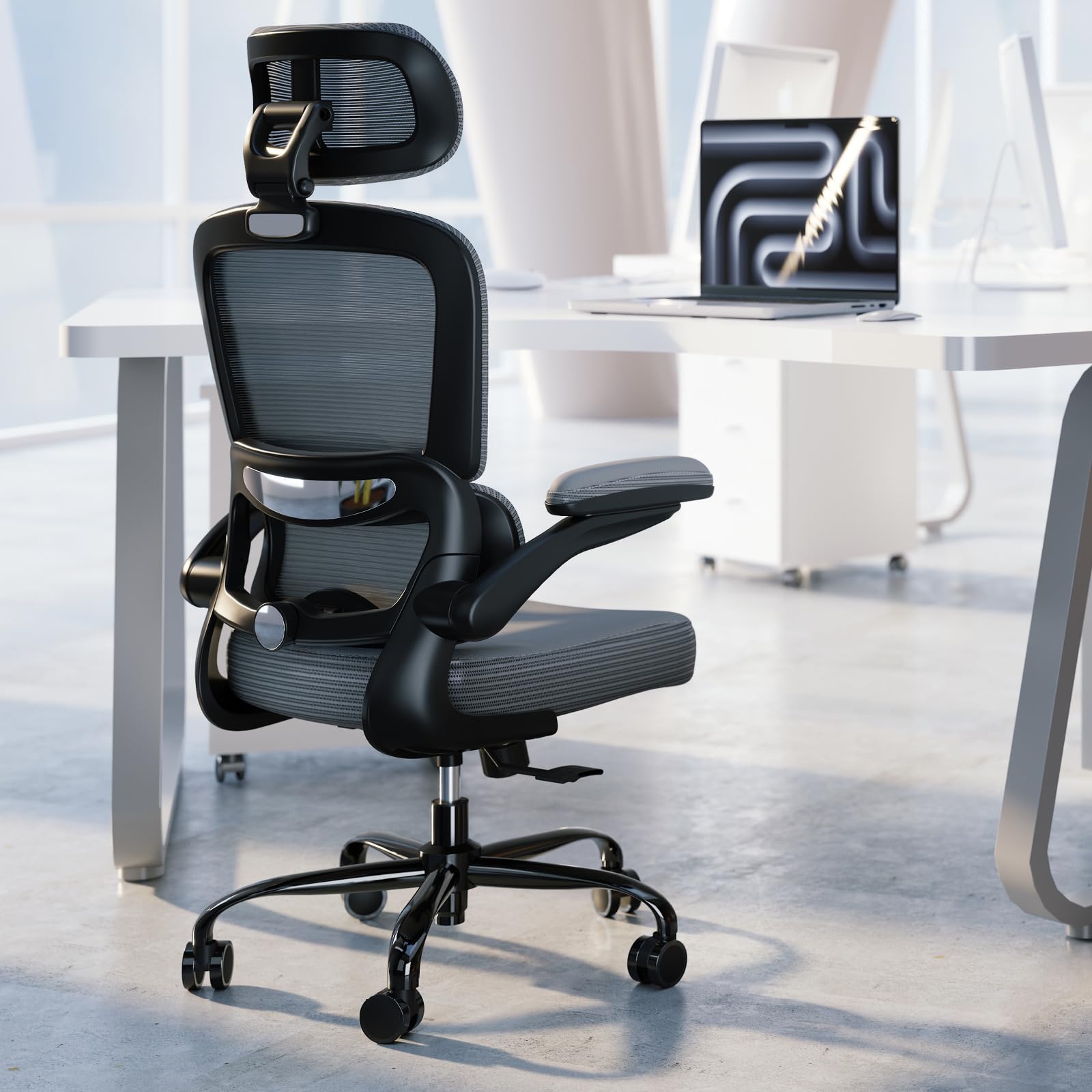 TRALT Ergonomic Office Chair - Desk Chair with Adjustable Headrest Lumbar Support Computer Chair - Mesh Comfy Chair with Flip-up Armrests - Gaming Chairs for Adults Home Office (Leather, White)