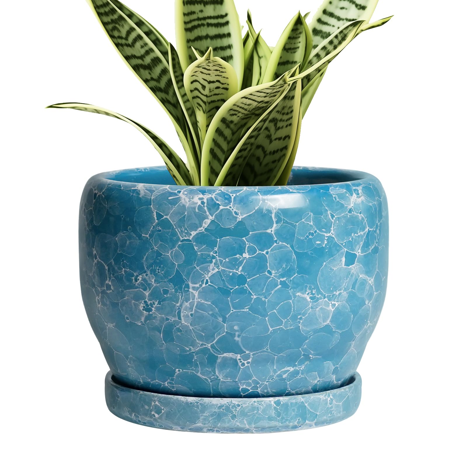 SQOWL Ceramic Planter 8 Inch - Pot for Indoor Outdoor Plants Round Ceramic Plant Pot with Drainage Hole and Saucer Modern Flower Pot Glazed Blue