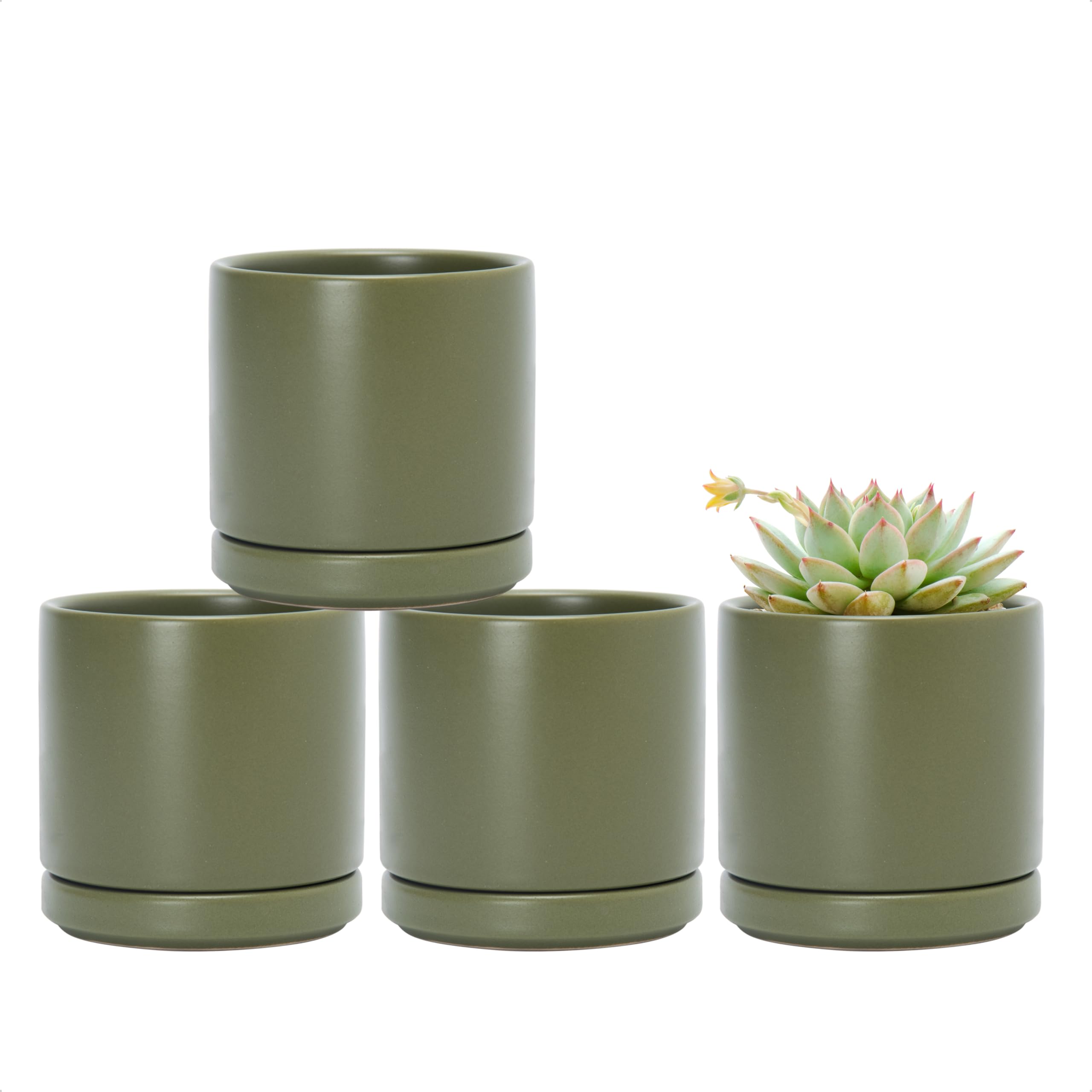 D'vine Dev Set of 4 Small Ceramic Plant Pots, 4.7 Inch Succulent Planter Pot for Plants with Drainage Hole and Saucer, White, 94-X-B-1