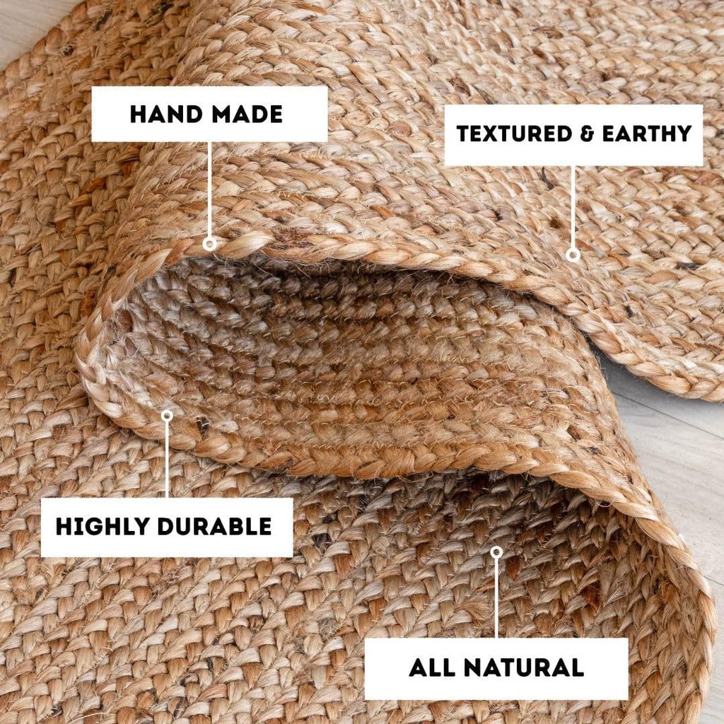 HOMEMONDE Handwoven Jute Area Rug - 4 feet Round Natural Yarn Loom Braided Rug - Eco-Friendly Boho Farmhouse Reversible Design for Bedroom, Living Room, and Kitchen (Natural)