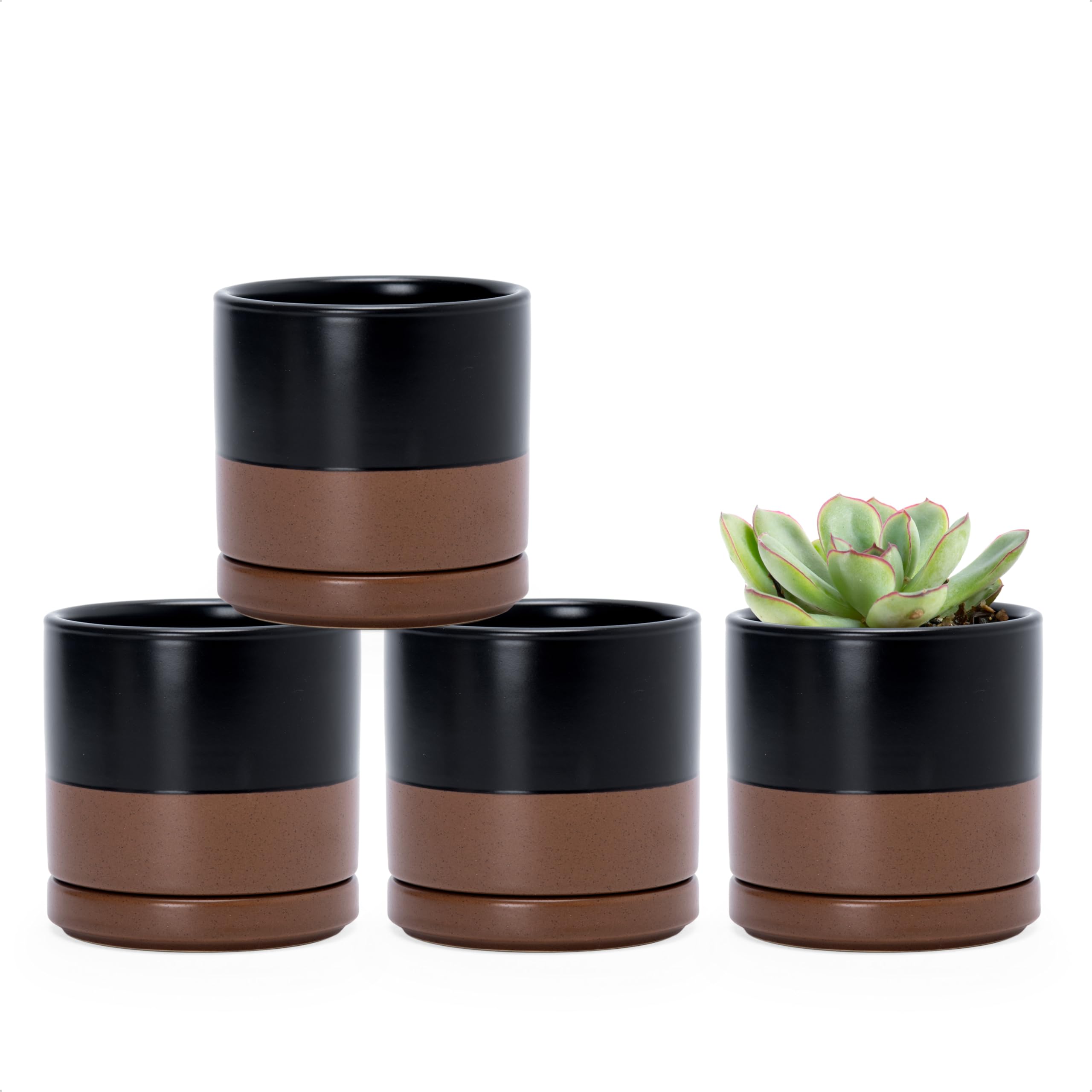 D'vine Dev Set of 4 Small Ceramic Plant Pots, 4.7 Inch Succulent Planter Pot for Plants with Drainage Hole and Saucer, White, 94-X-B-1