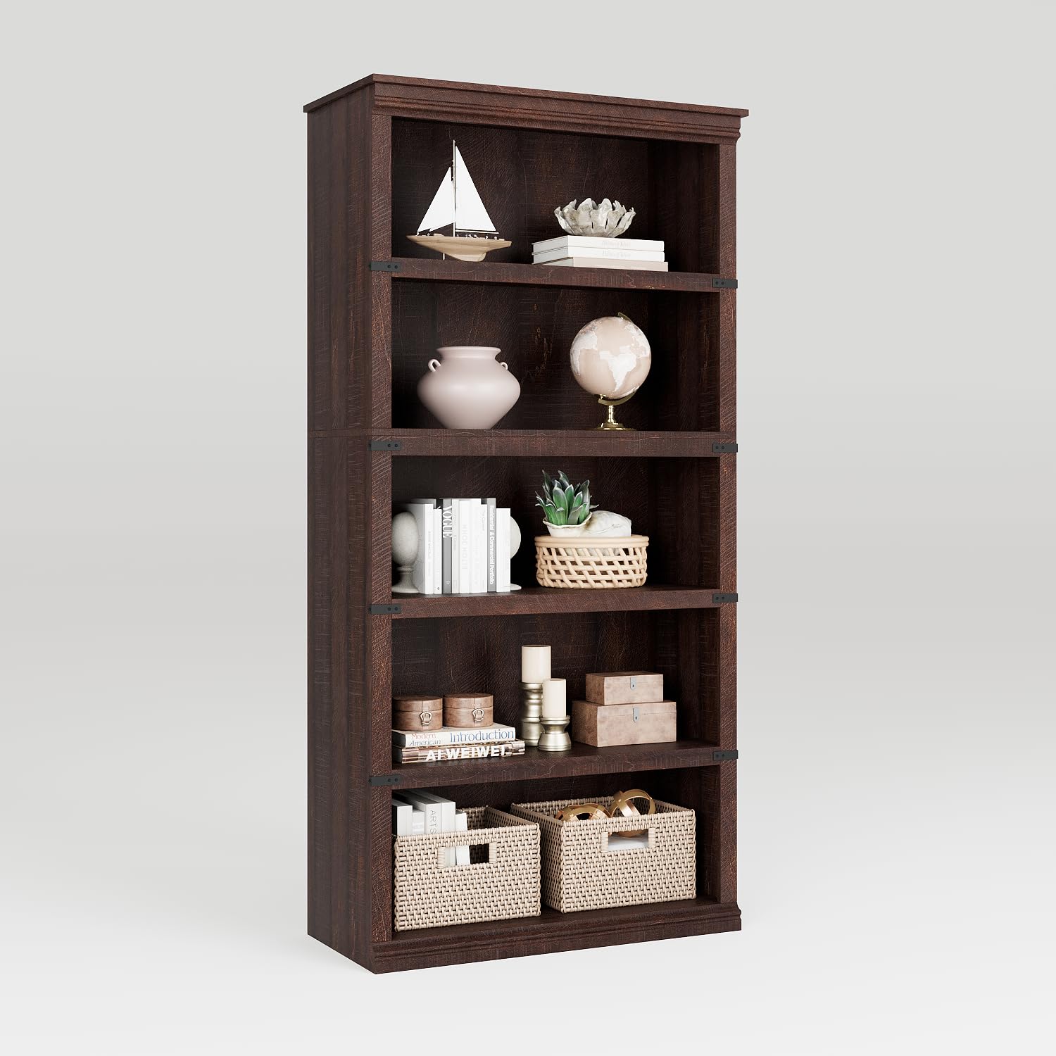IDEALHOUSE 5 Tier Bookcase, Farmhouse Book Shelf with Storage Open Display Bookshelves, 67.4" Tall Book Case Wooden 5 Shelf Bookcase Home Decor Furniture for Home Office, Living Room- Reddish Brown